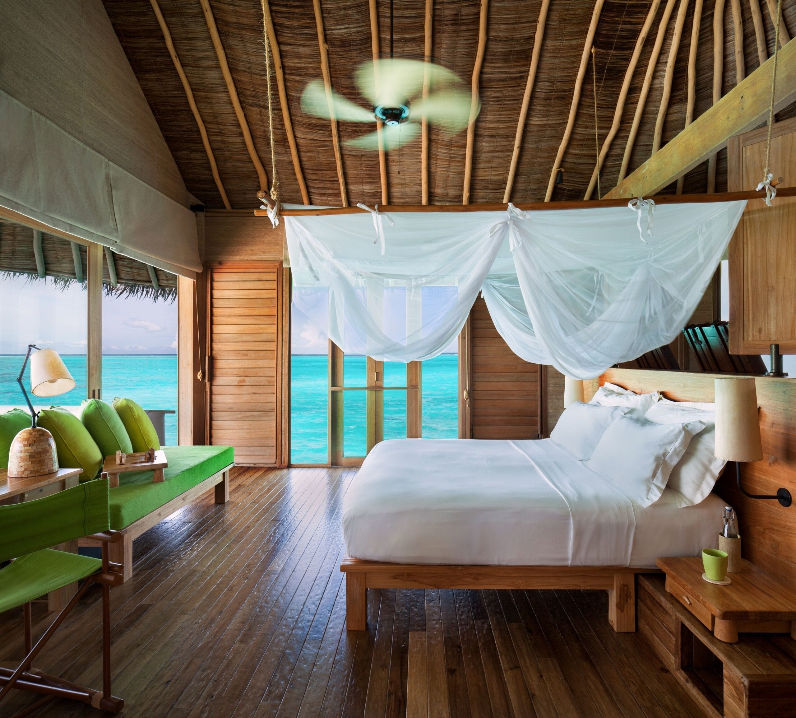 Six Senses Laamu Maldives water villa interior built from sustainable natural materials
