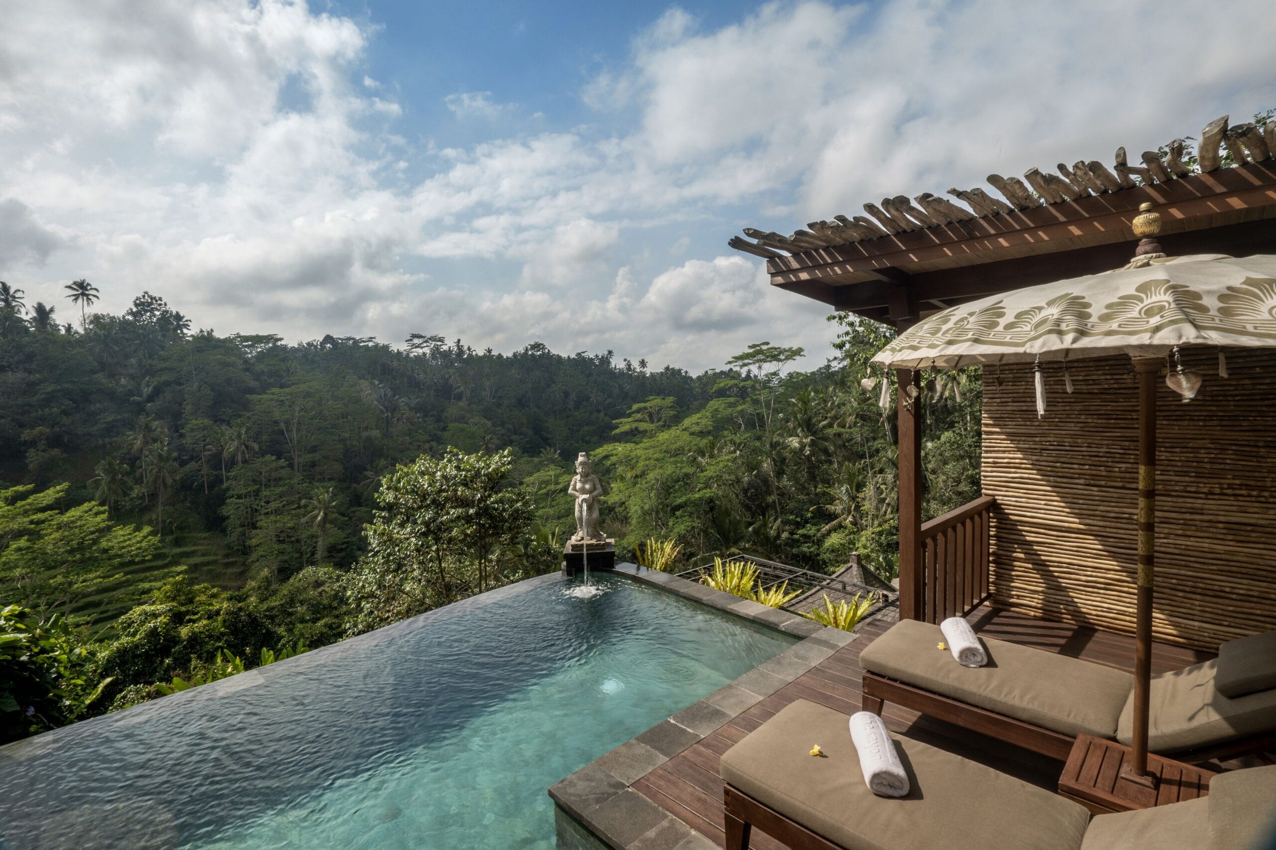 Tiered jungle infinity pool and private pool villa at The Kayon Jungle Resort near Ubud, Bali