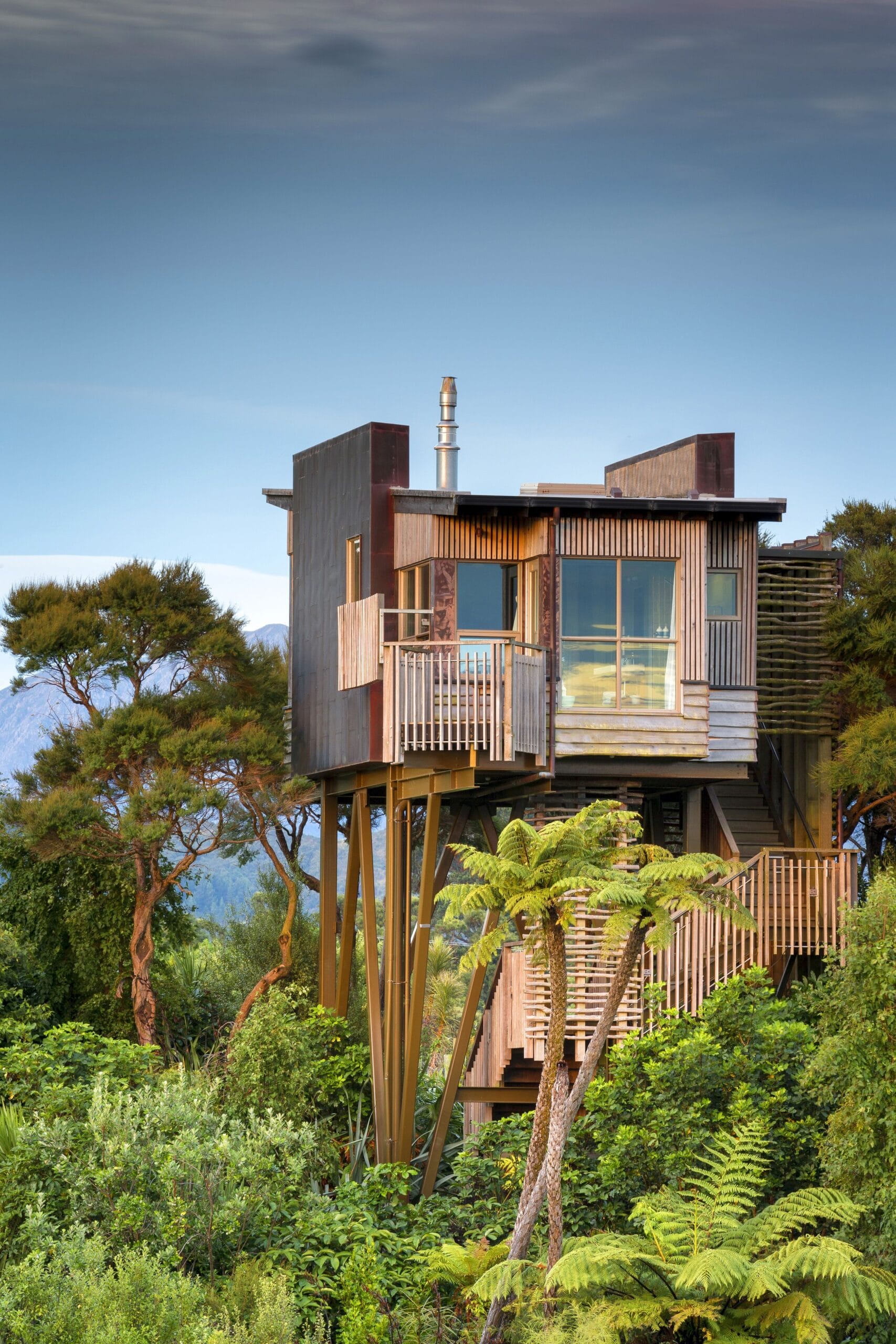 Architectural treehouse rooms 30 feet up in a manuka grove at Hapuku Lodge, a luxury treehouse hotel in Kaikoura New Zealand