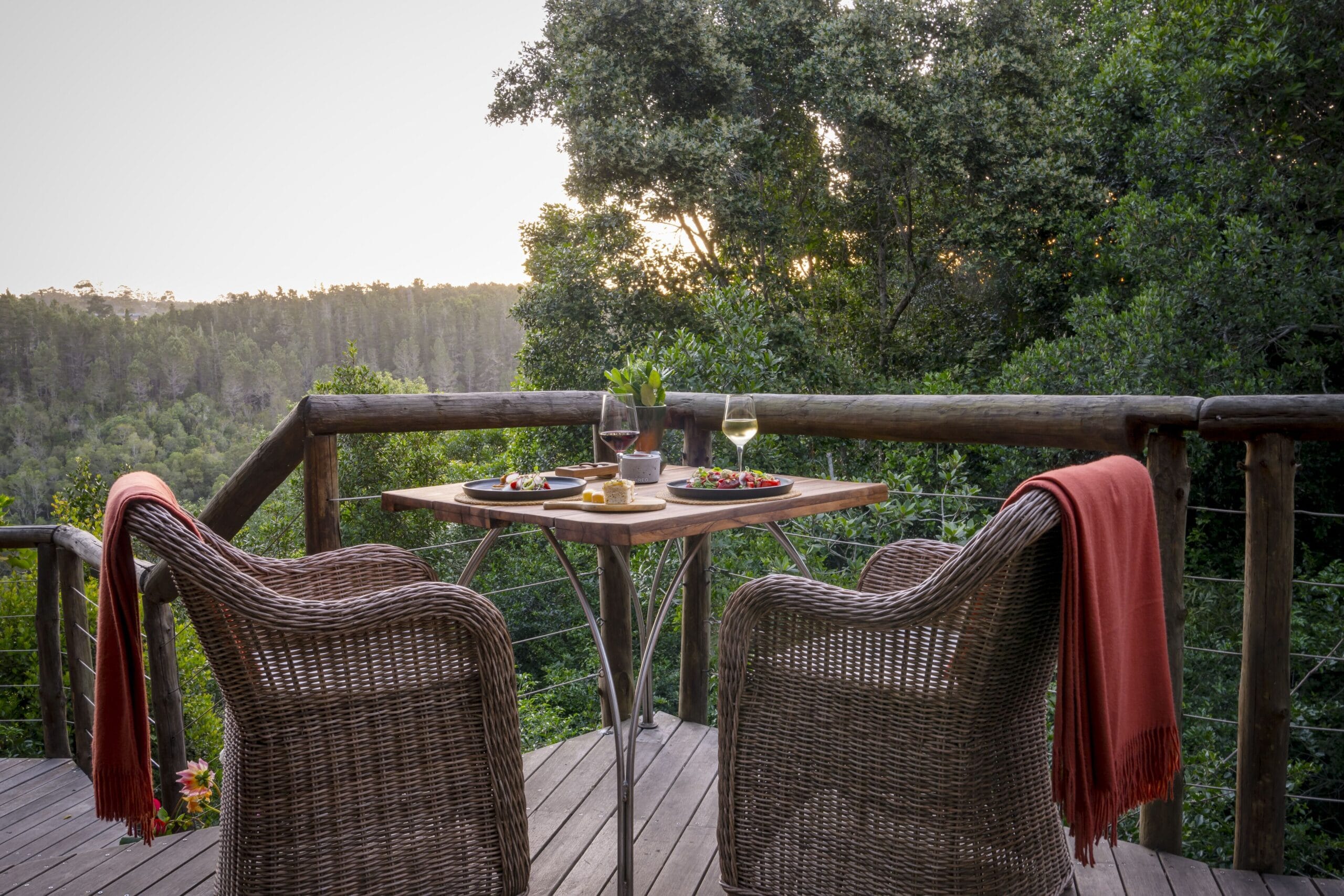 Private deck and infinity plunge pool cantilevered over the forest canopy at Tsala Treetop Lodge, Garden Route