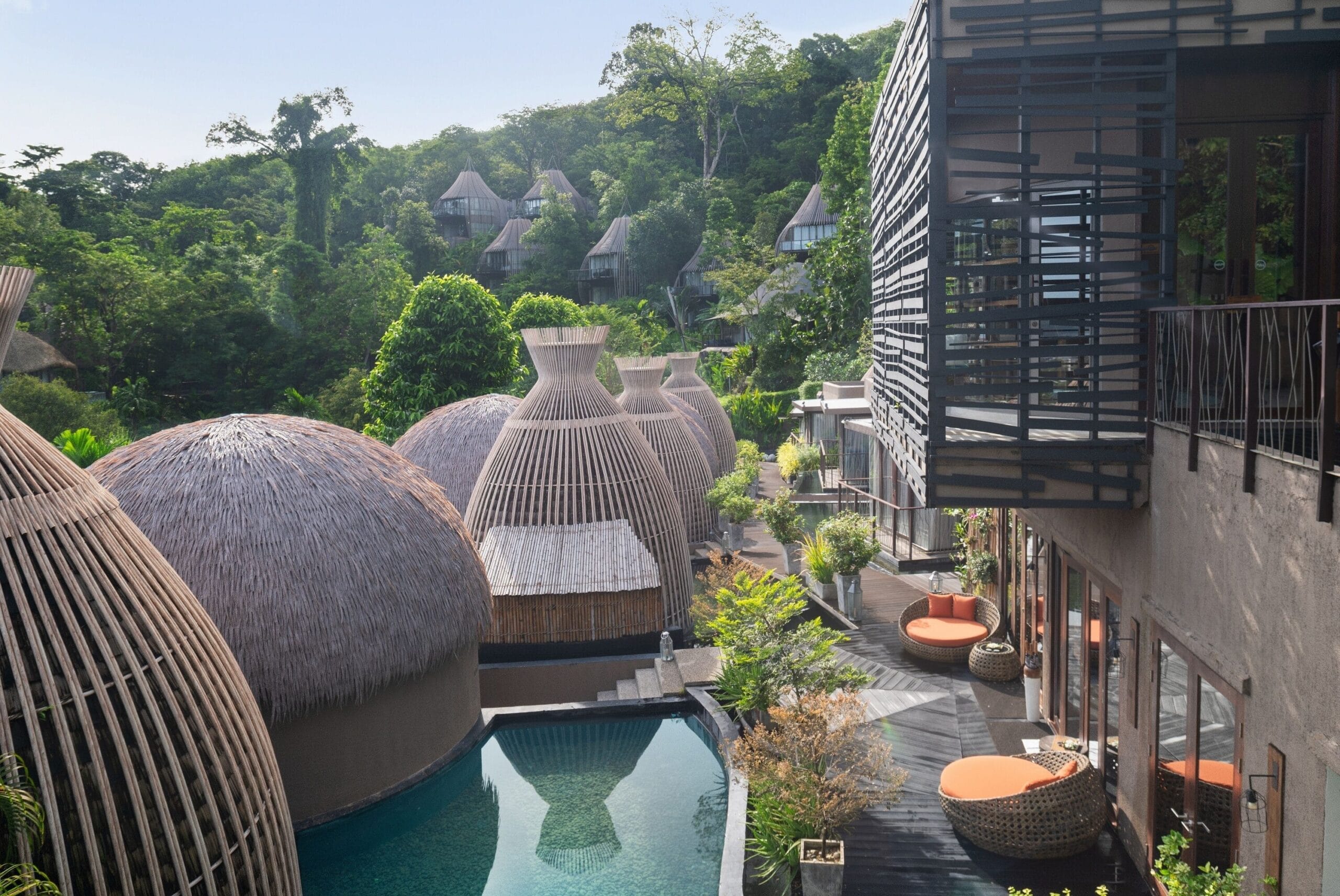 Iconic woven Bird's Nest Pool Villa suspended in the rainforest canopy at Keemala, the best luxury treehouse hotel in the world, Phuket