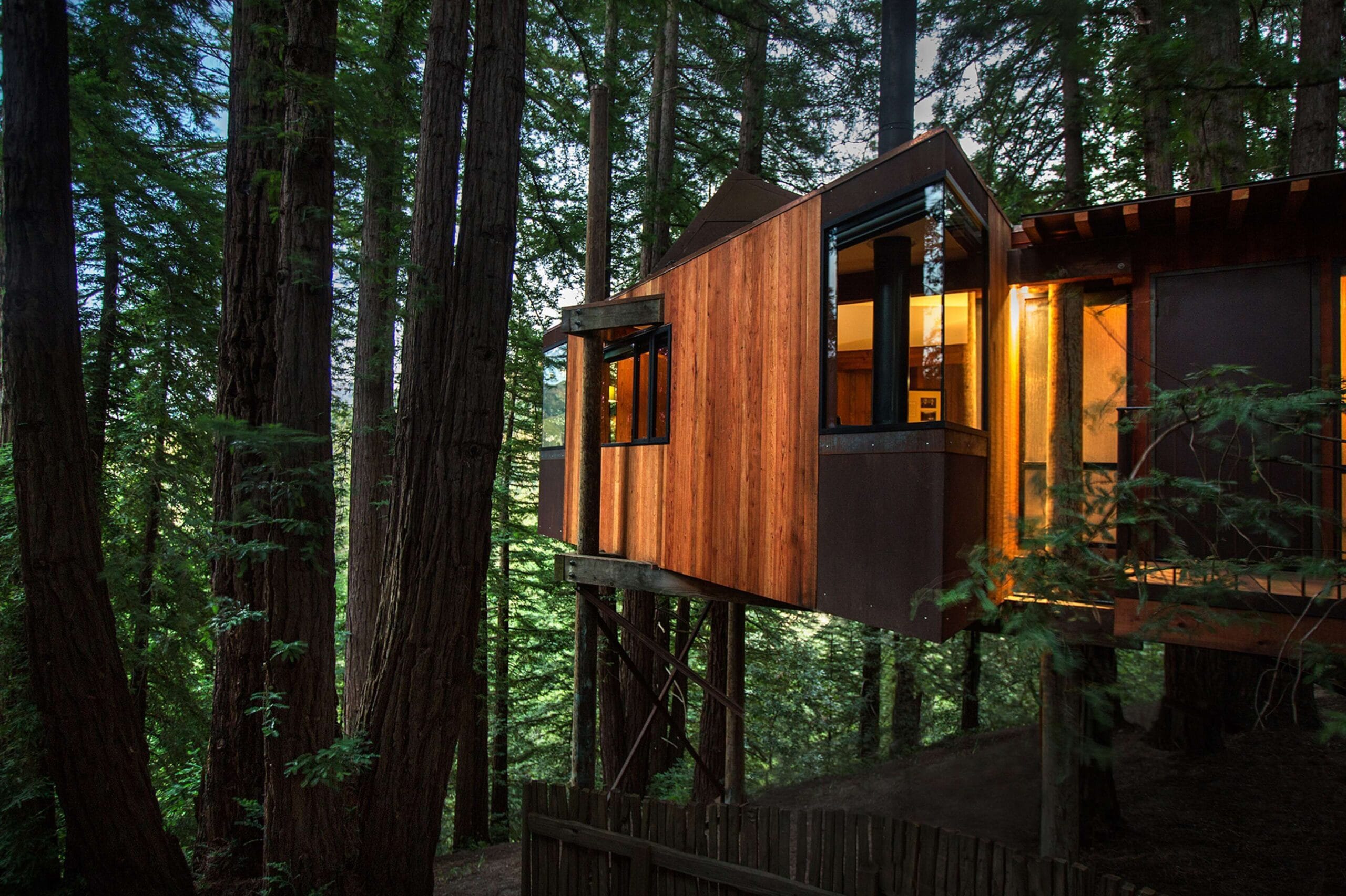 Stilted Tree House rooms among the redwoods on a Pacific cliff at Post Ranch Inn, a luxury treehouse hotel in Big Sur
