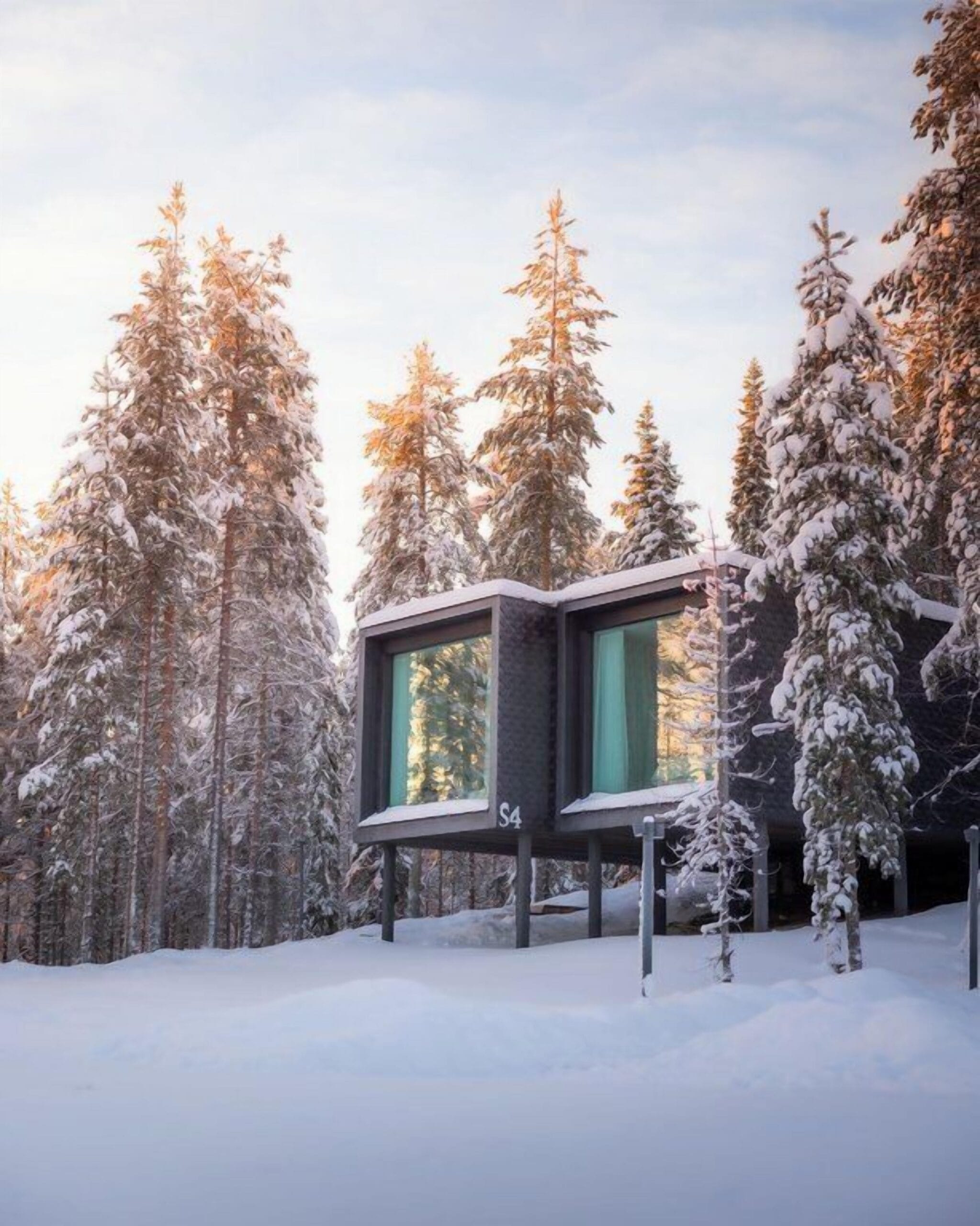 Stilted Scandinavian treehouse suite with a panoramic window under the Northern Lights at Arctic TreeHouse Hotel, Rovaniemi Finland