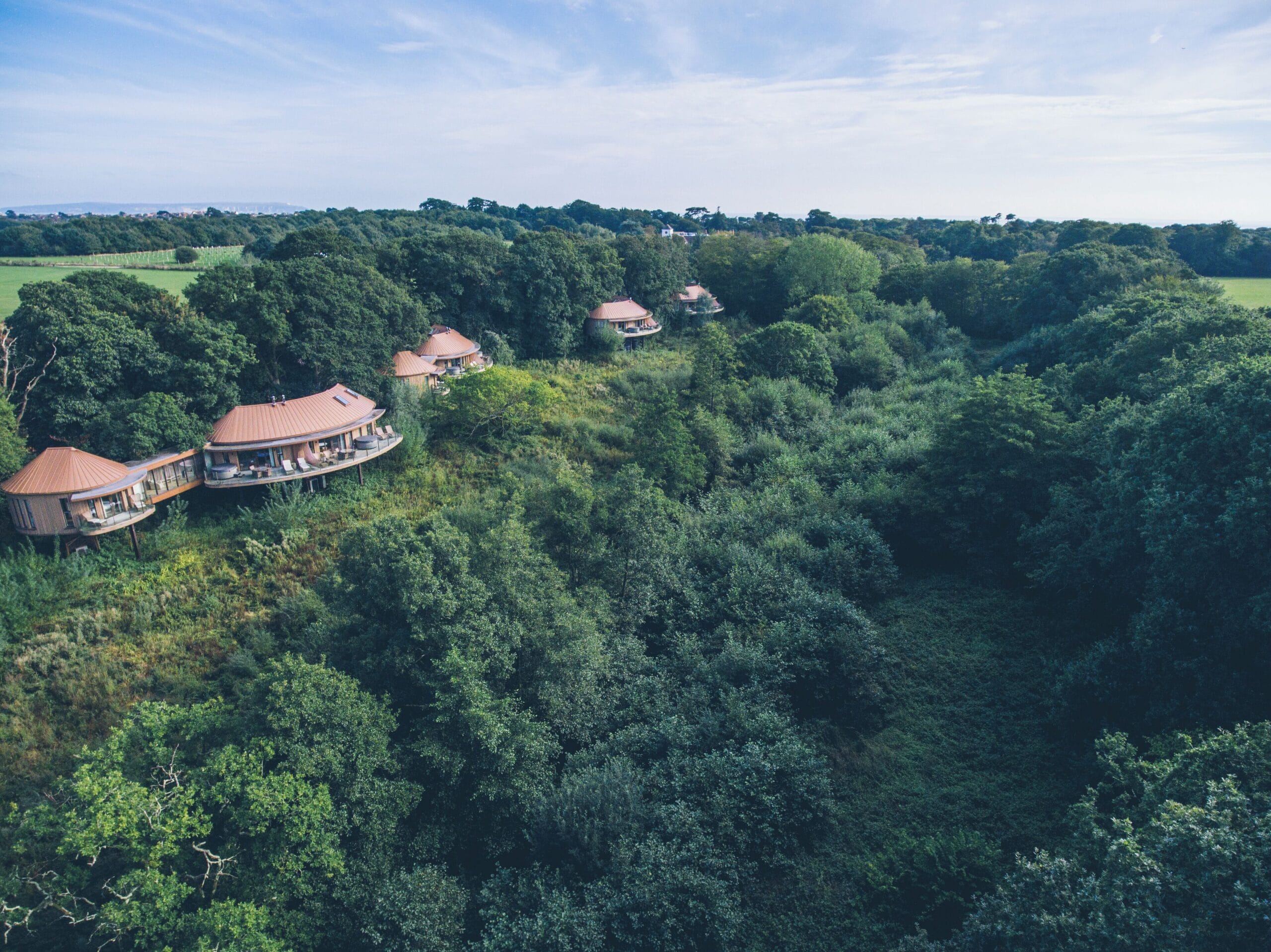 Treehouse suite interior with wood-burning stove and floor-to-ceiling forest windows at Chewton Glen, Hampshire