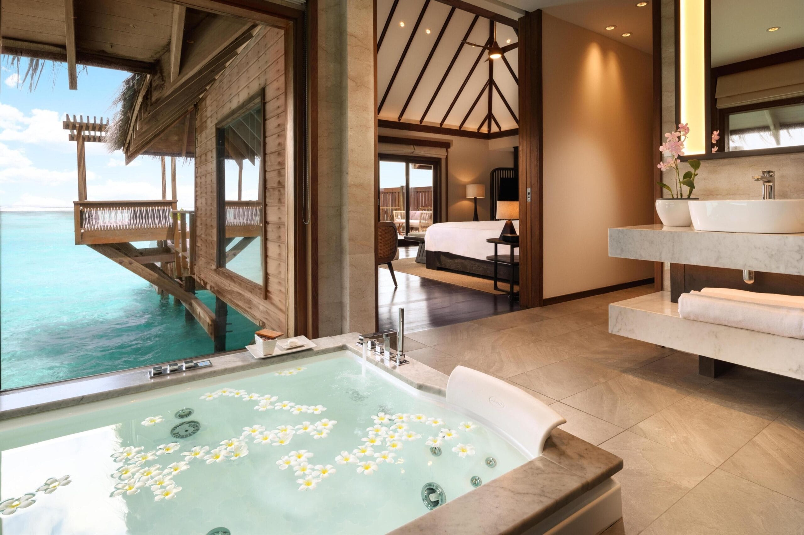 Conrad Maldives Rangali Island water villa over the South Ari Atoll lagoon