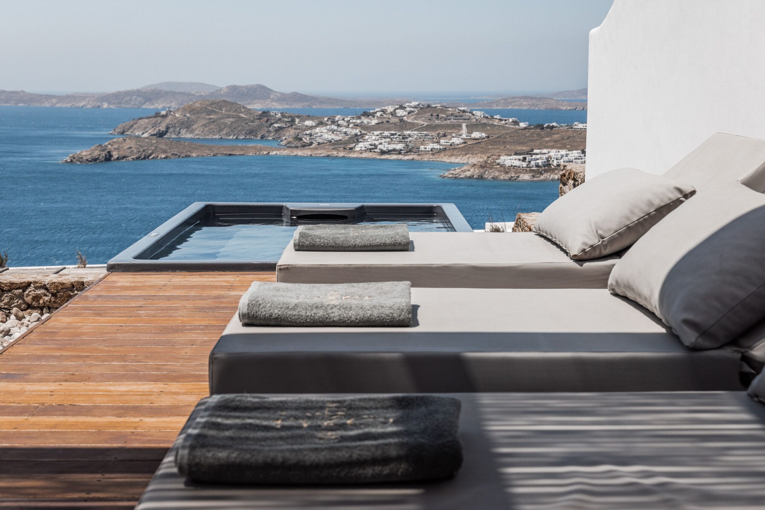 Private pool terrace with unobstructed Aegean views at Alissachni Mykonos