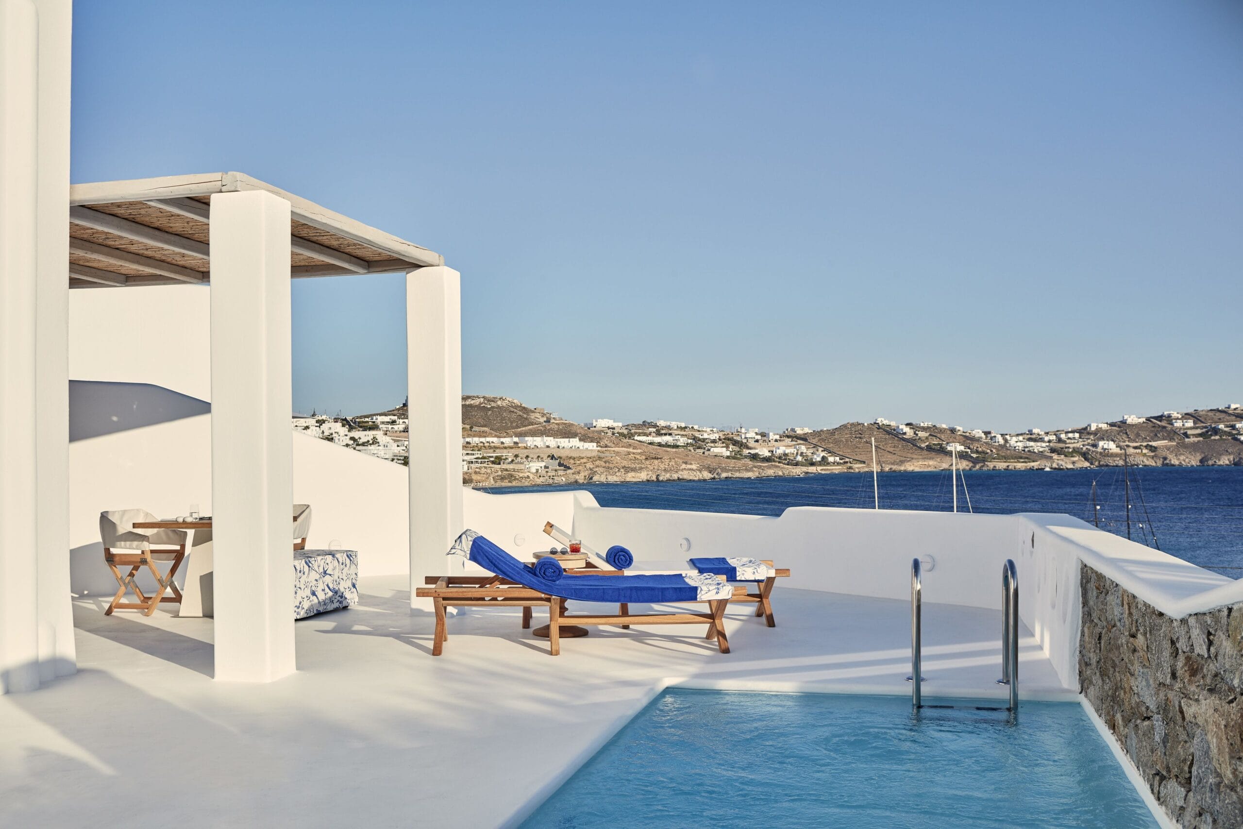 Whitewashed private pool terrace above the Aegean at Katikies Mykonos