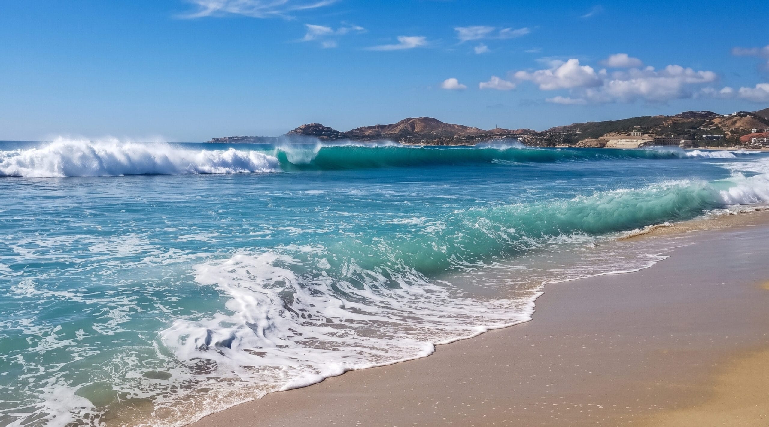Surf breaking along the coastline in Los Cabos, Mexico