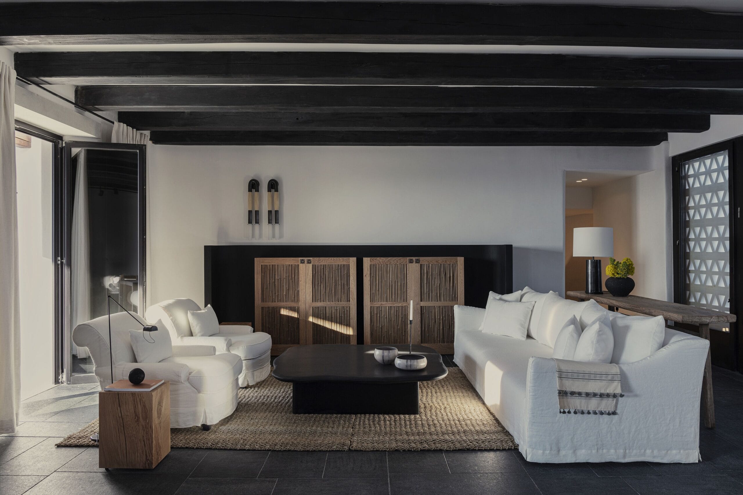 Luxury villa living room with natural textures at Kalesma Mykonos