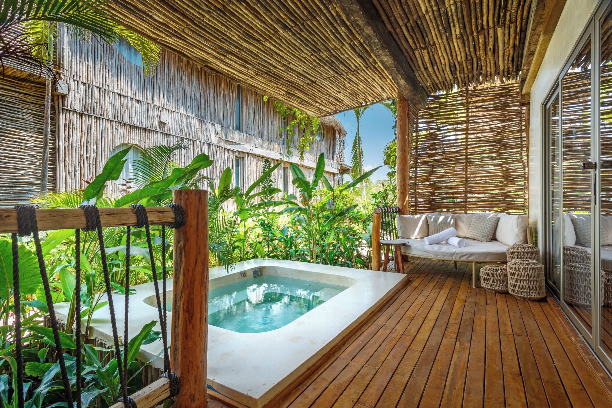 Private heated plunge pool on a jungle suite terrace at Hotel Shibari in Tulum, Mexico