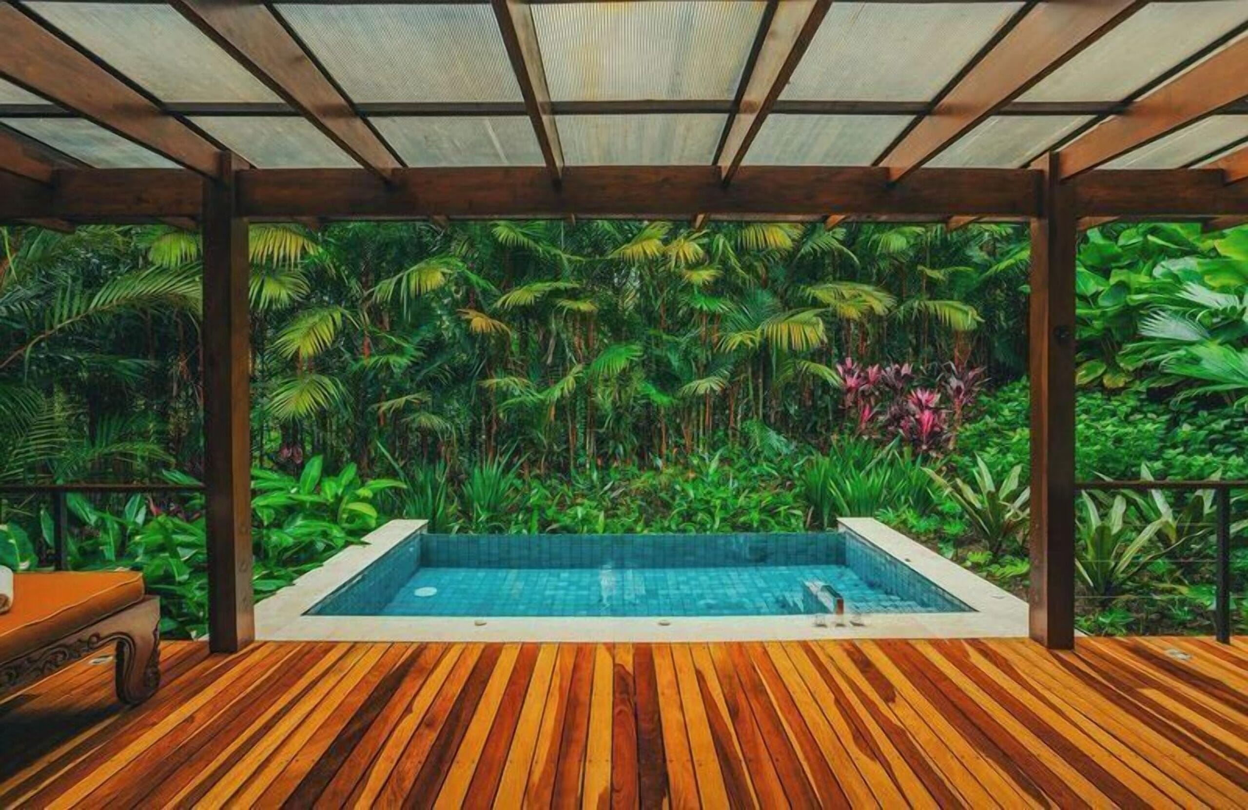 Private plunge pool fed by volcanic hot springs on a villa terrace at Nayara Springs
