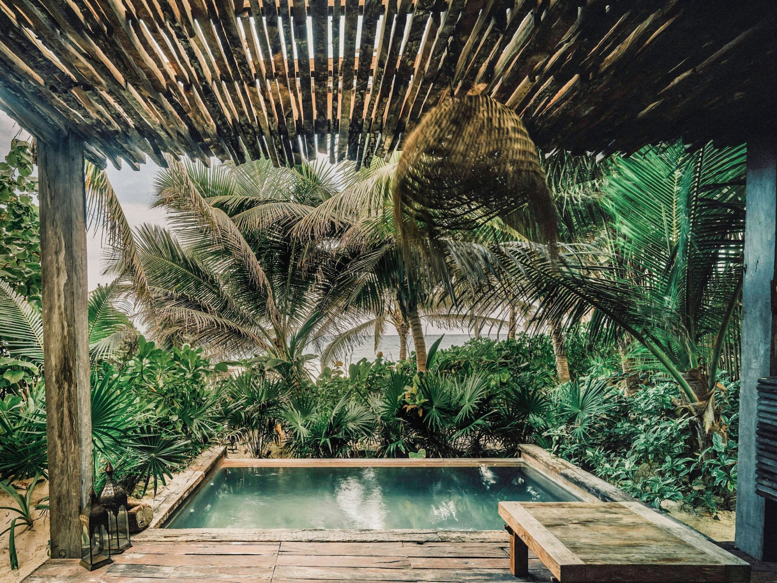 Private plunge pool on a suite terrace at Nomade Temple Tulum, on Tulum Beach, Mexico