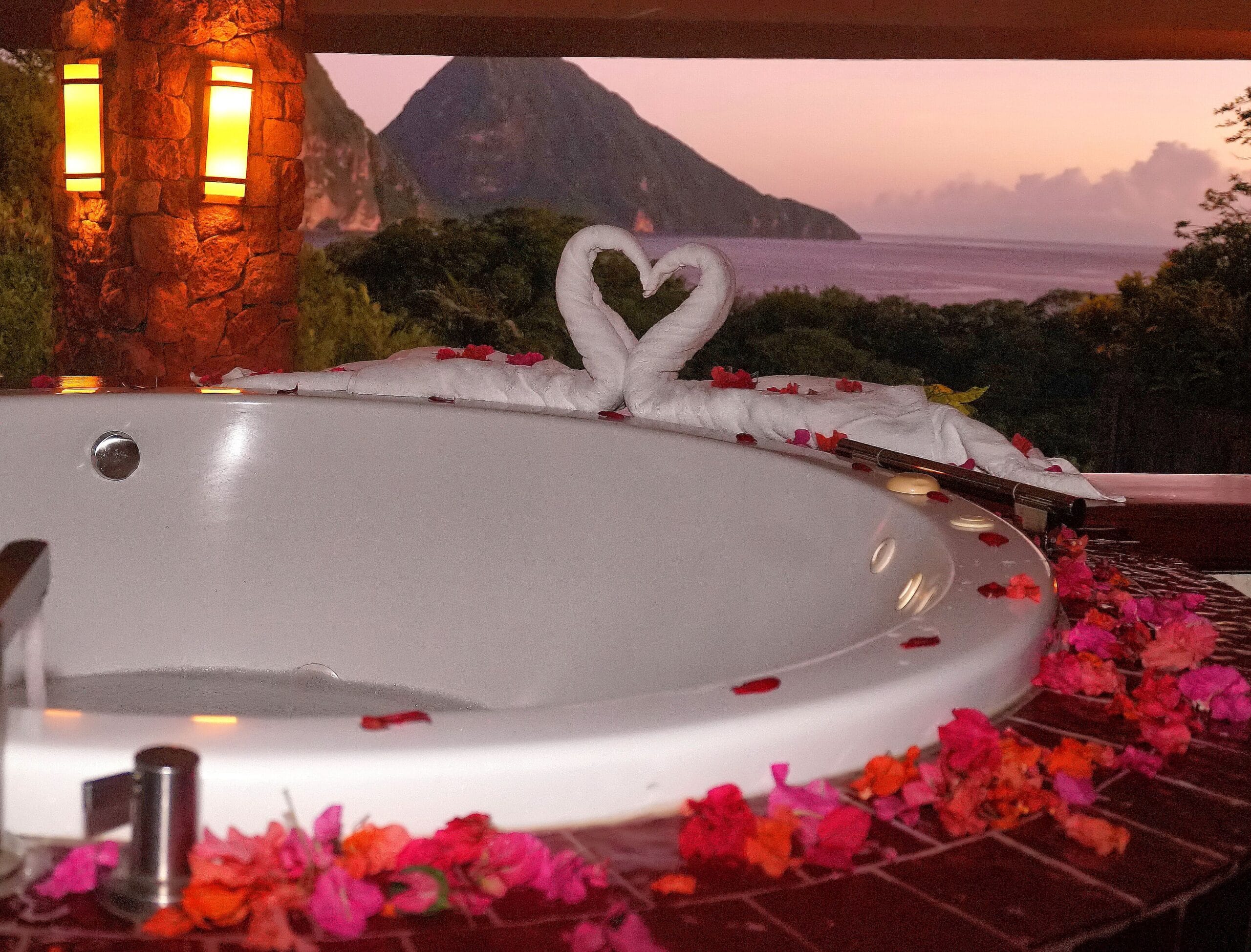 Romantic whirlpool tub open to the Piton view at Jade Mountain, St Lucia