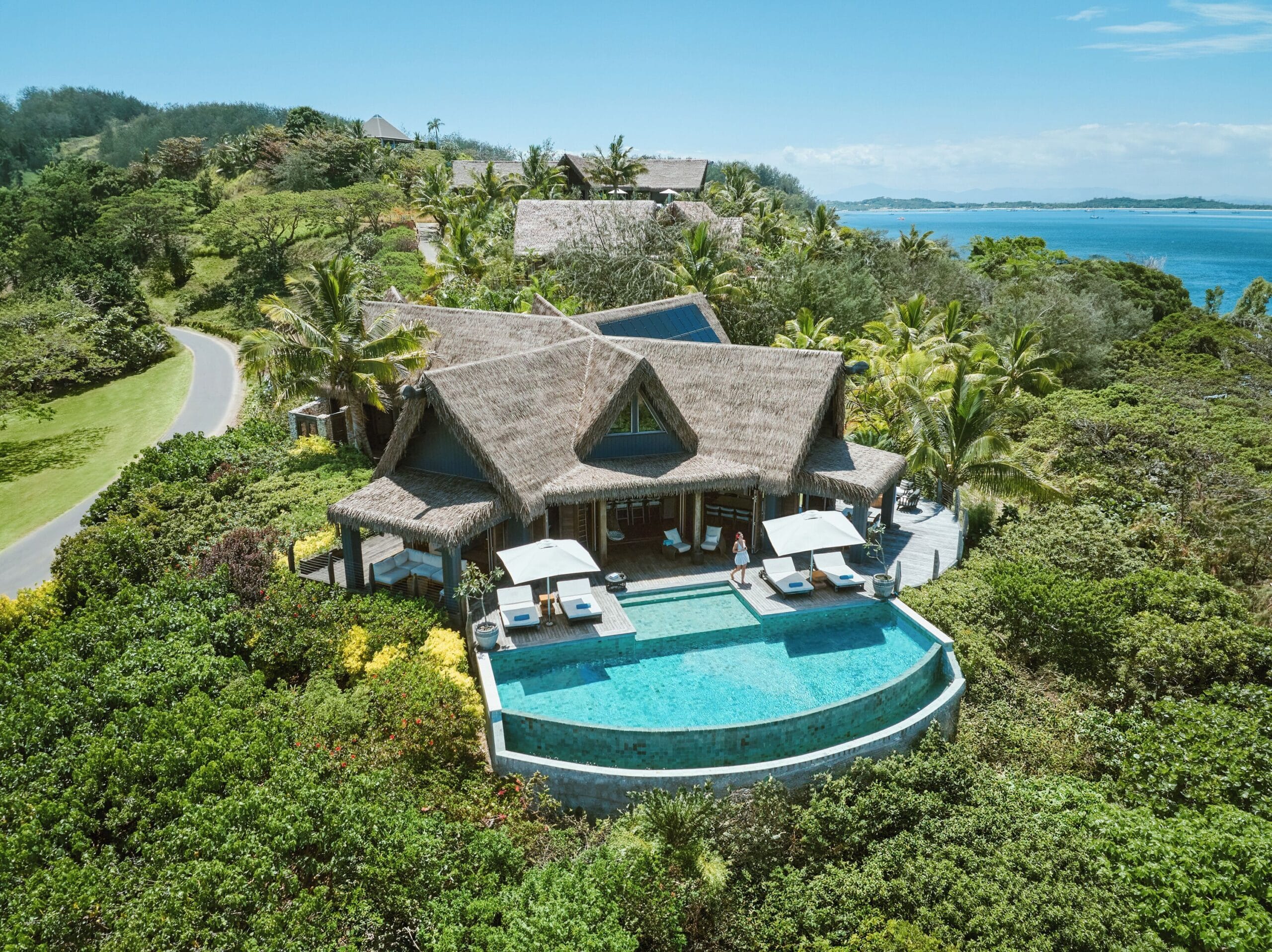 Aerial view of a private pool villa above the lagoon at Six Senses Fiji on Malolo Island