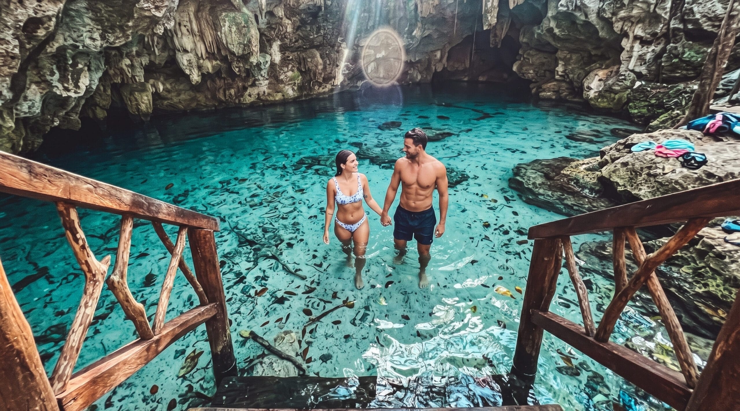 A couple swimming in the clear fresh water of a cenote near Tulum, Mexico