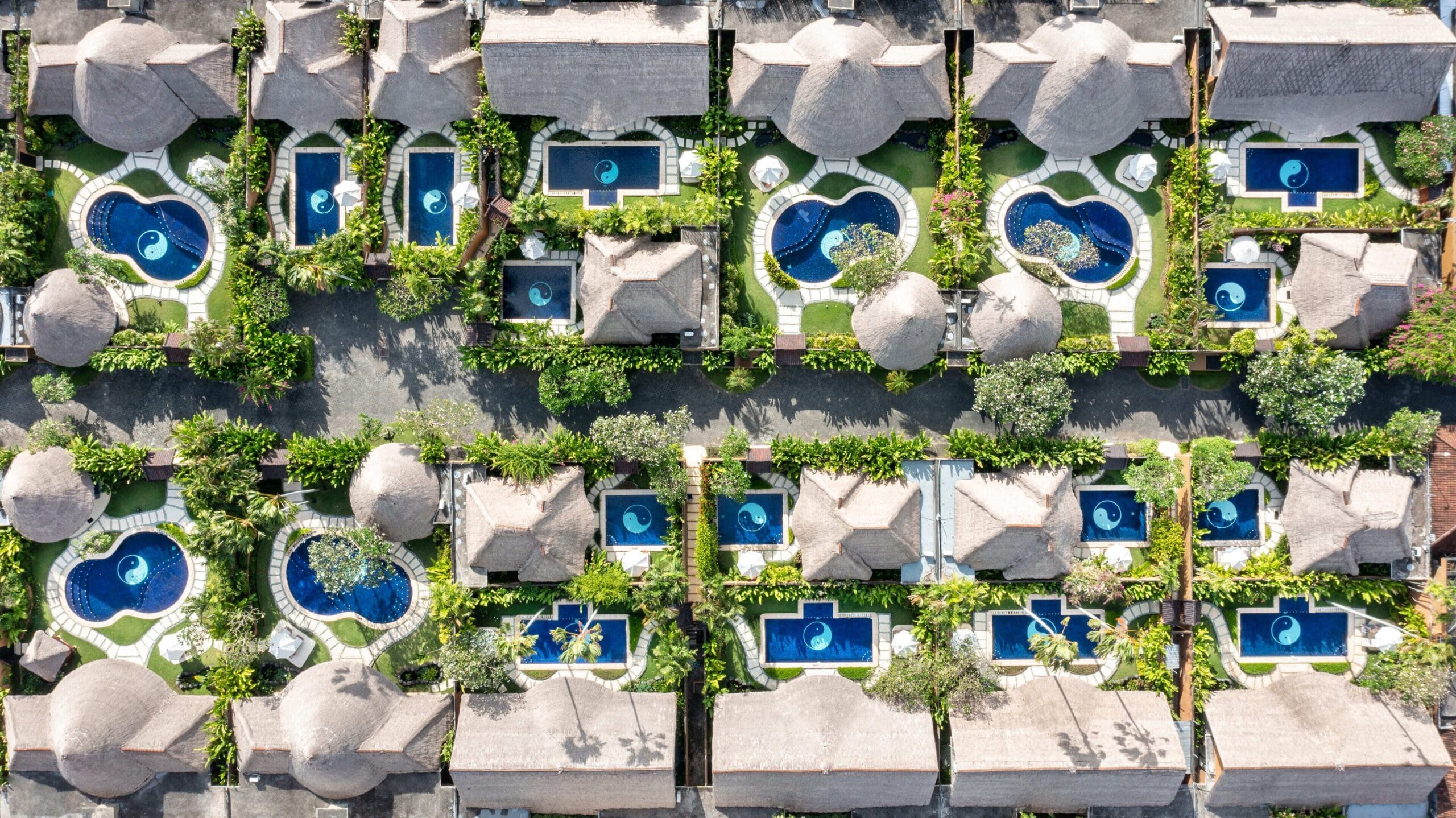 Aerial view of the villa compounds and private pools at Impiana Private Villas Seminyak, Bali