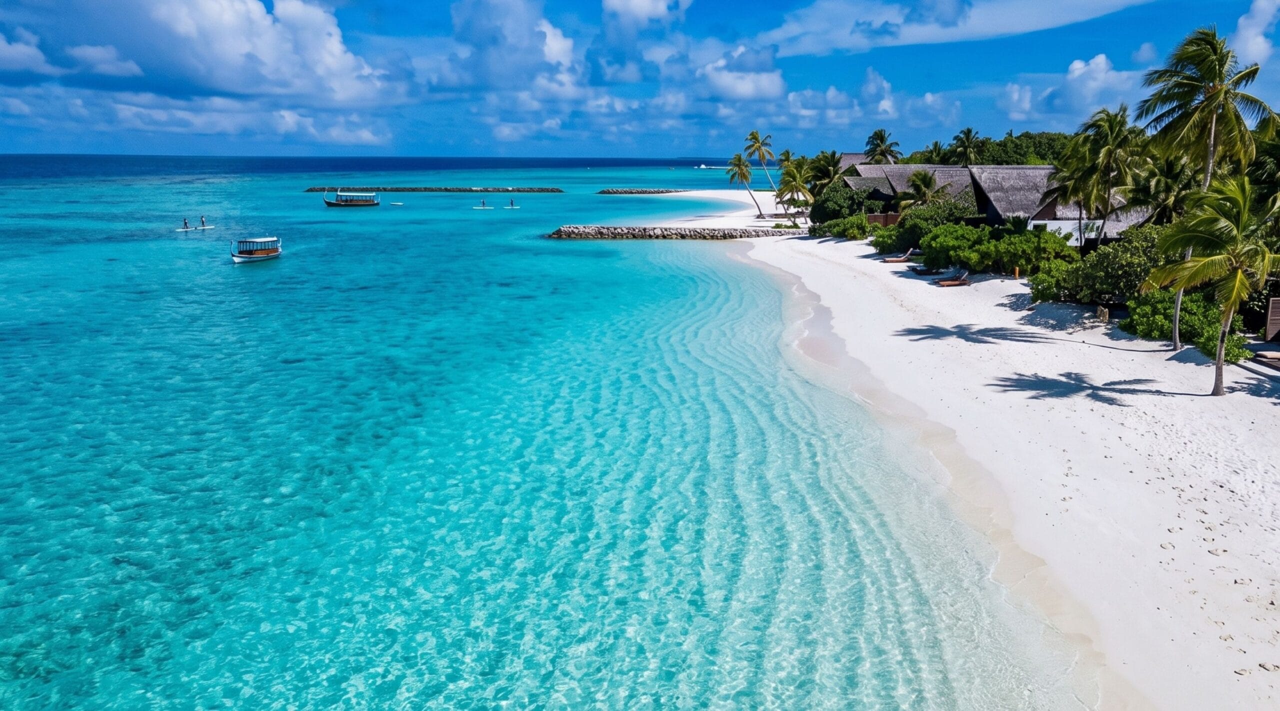 Pale sand and clear shallow turquoise lagoon water on a beach in the Maldives