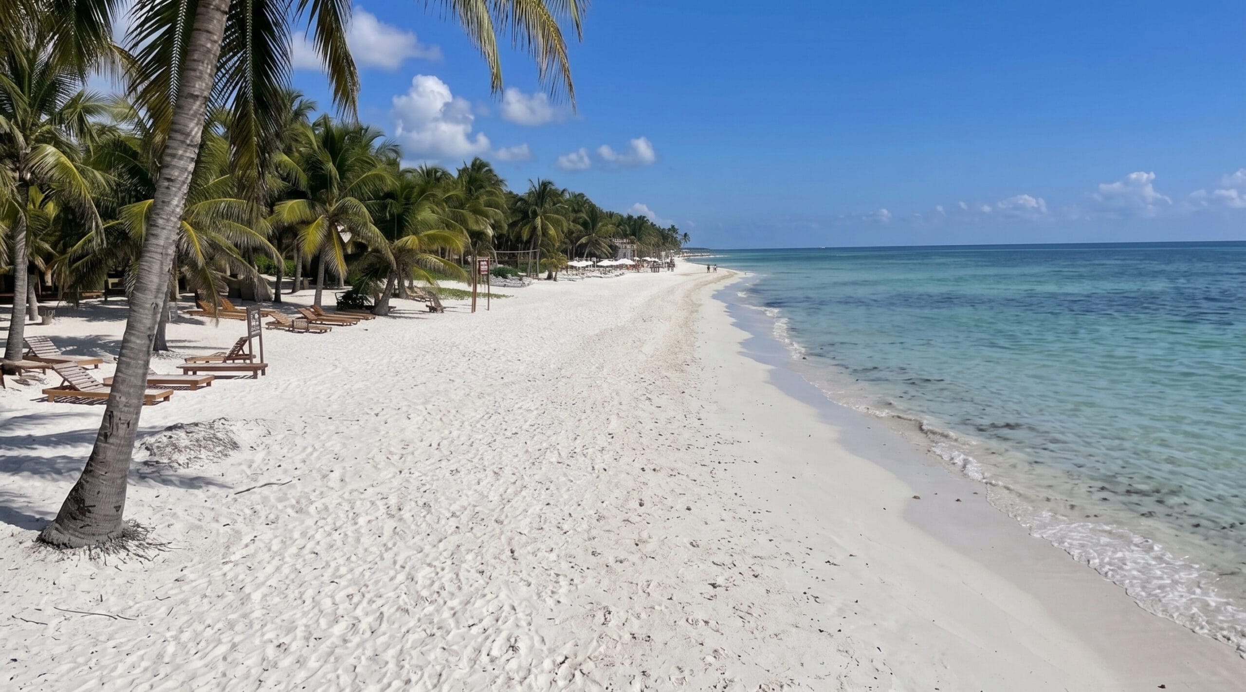 Clear turquoise water and white sand on a seaweed-free day at the beach in Tulum, Mexico
