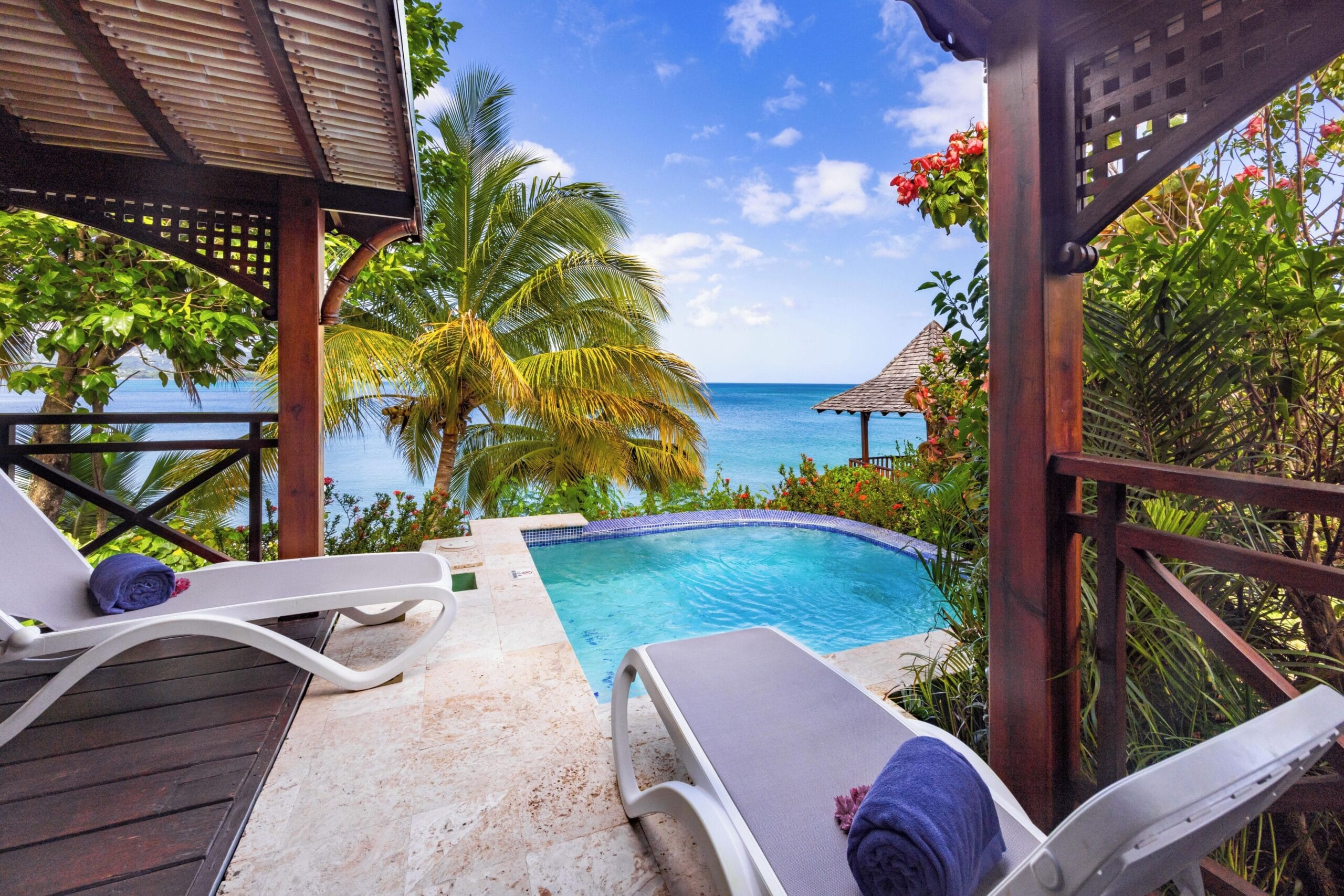 Private plunge pool on the veranda of a Water's Edge Cottage at Calabash Cove, St. Lucia