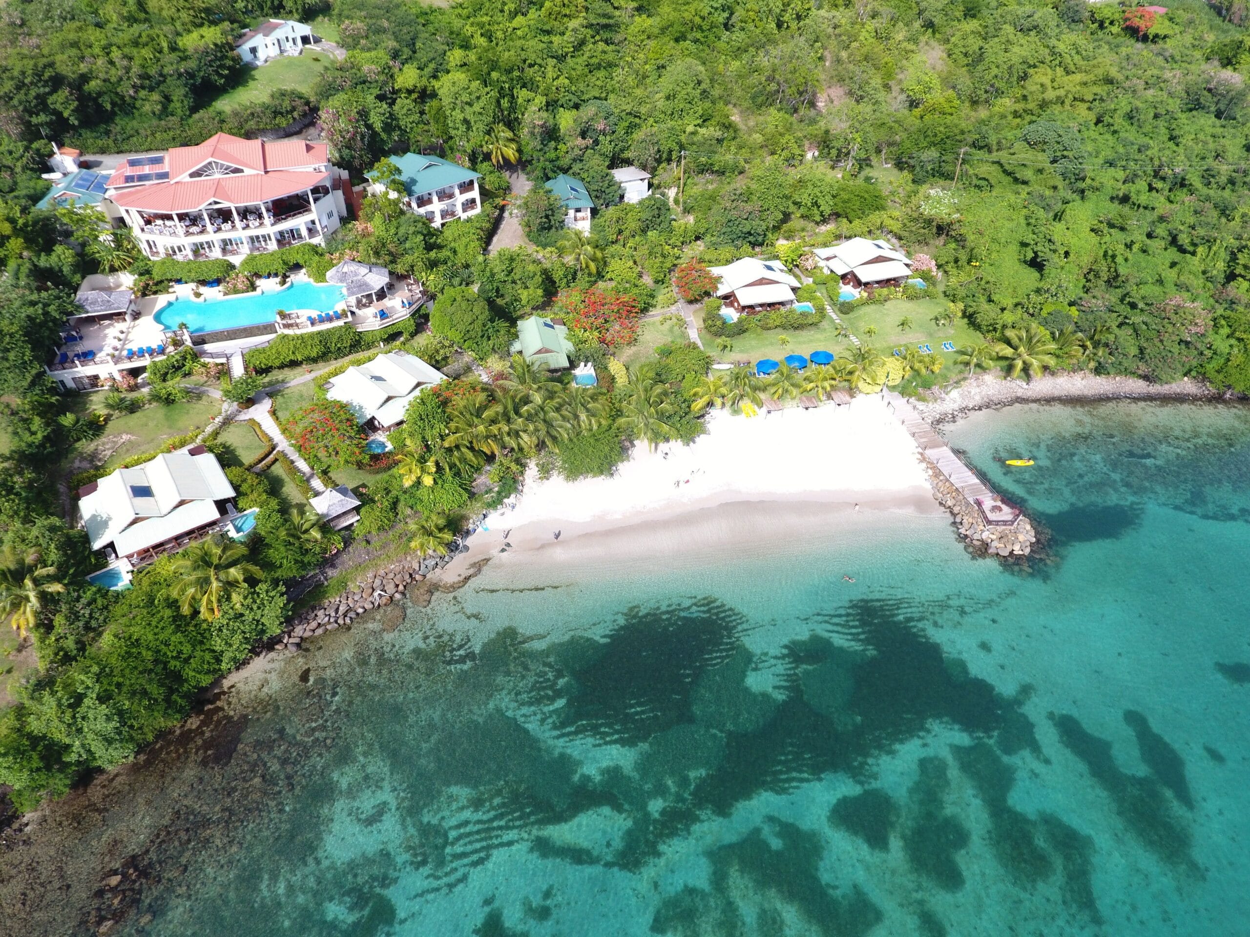 Aerial view of Calabash Cove Resort and Spa above Bonaire Bay, St. Lucia