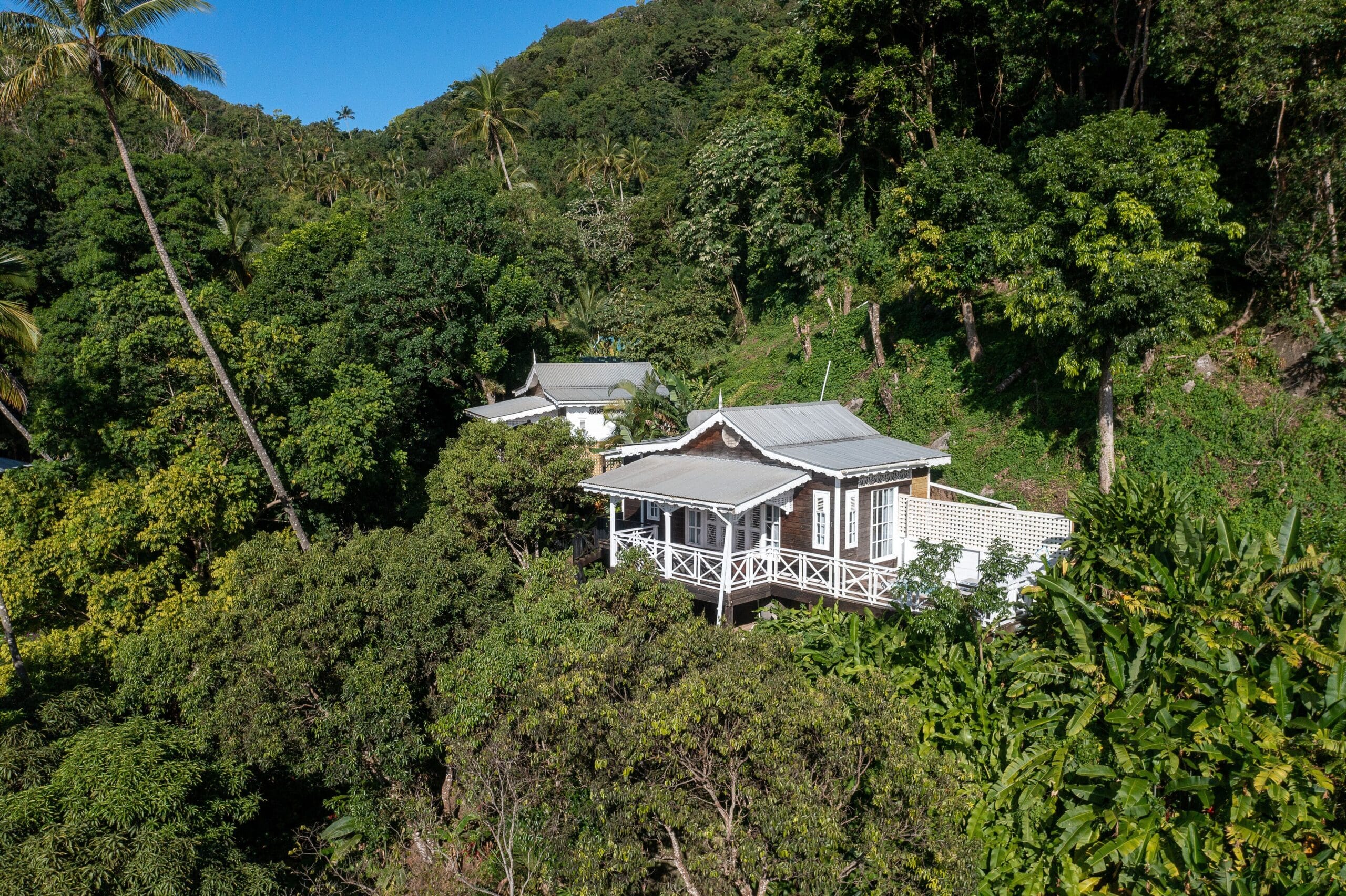 Aerial view of Fond Doux Eco Resort cottages across the cocoa plantation in St. Lucia