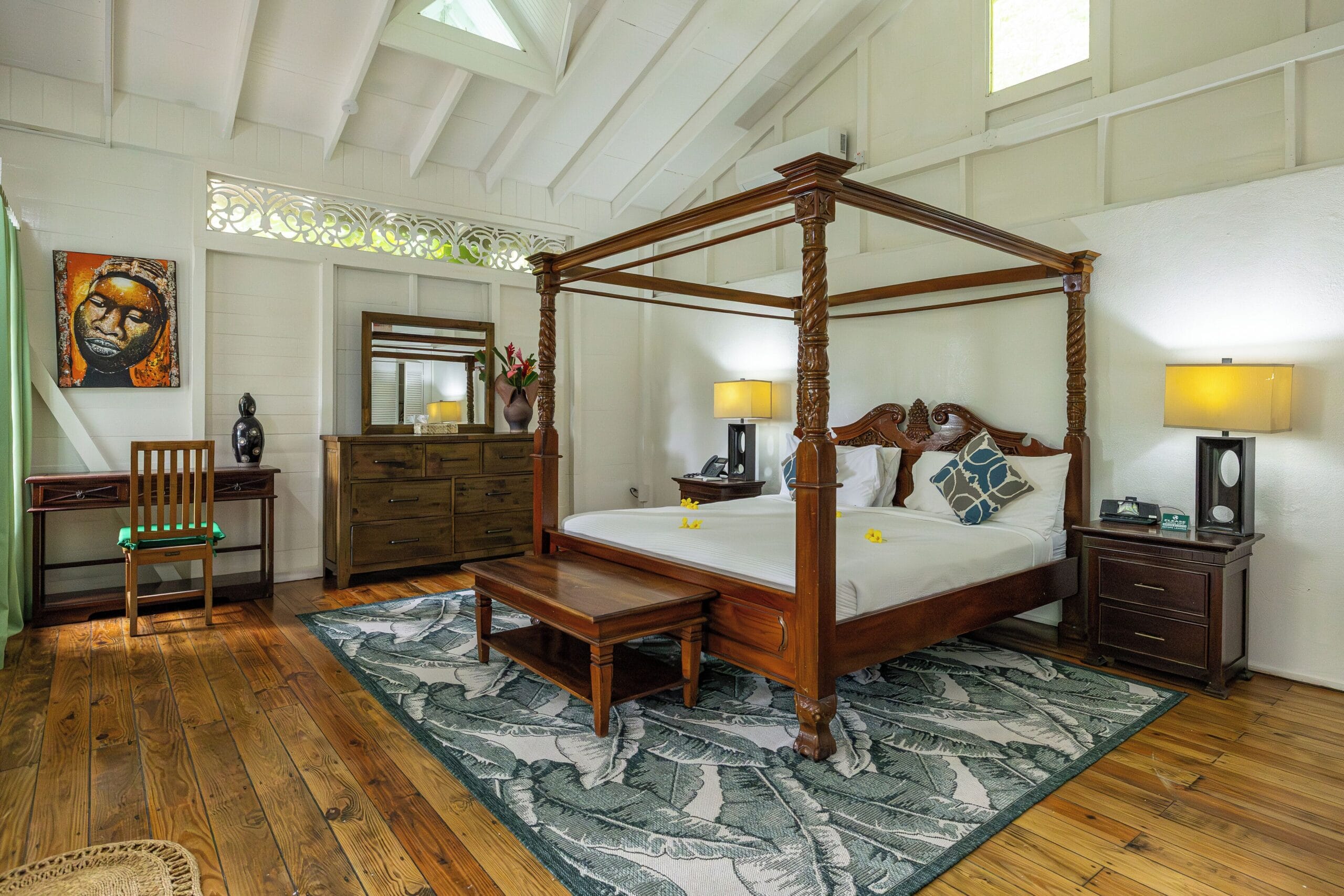 Four-poster bedroom in a colonial-style cottage at Fond Doux Eco Resort, St. Lucia
