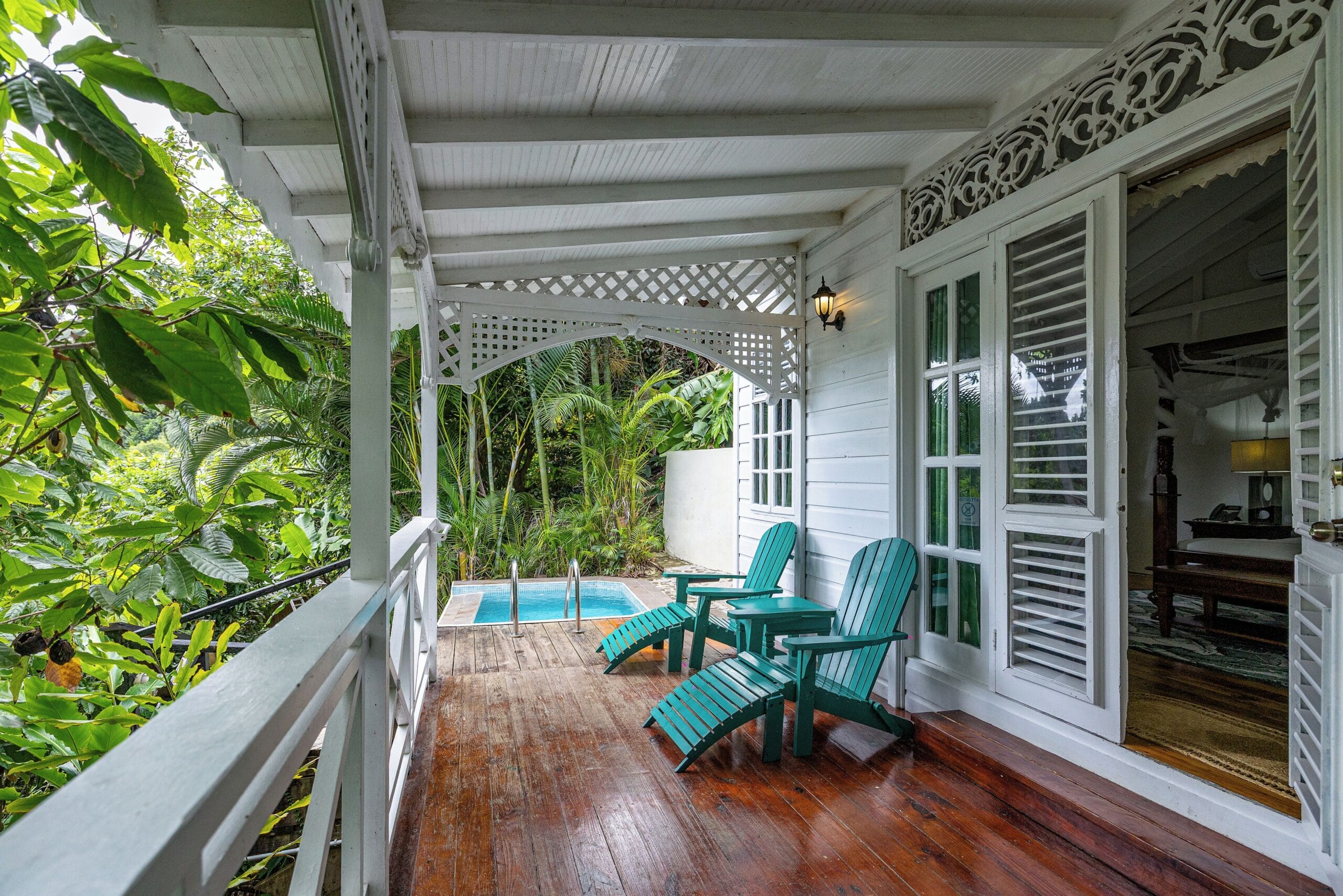 Private plunge pool on the terrace of a cottage at Fond Doux Eco Resort in Soufriere, St. Lucia