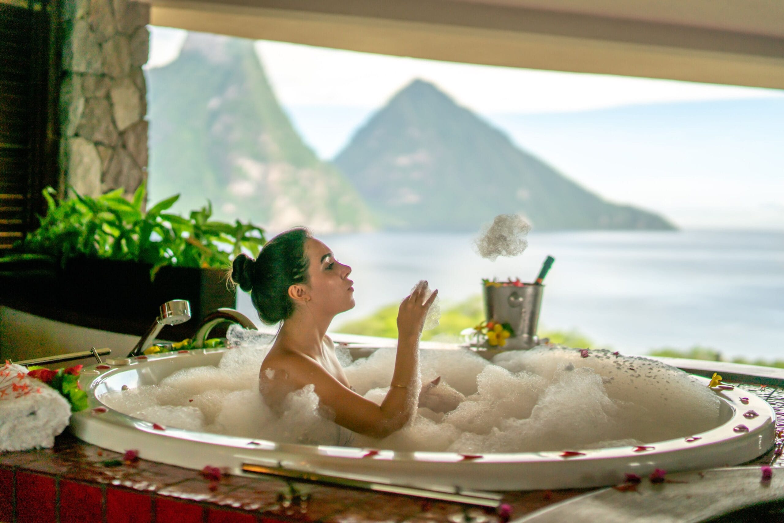 Bubble bath drawn with a Piton view in a sanctuary at Jade Mountain, St. Lucia