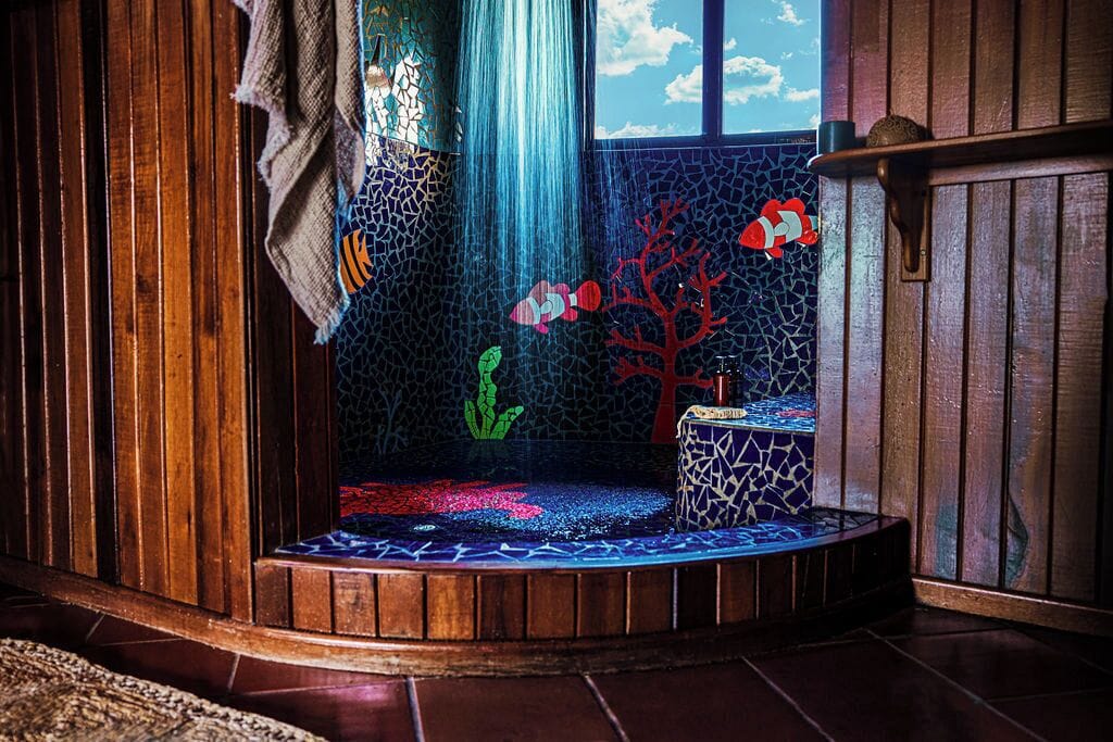 Mosaic-tiled rain shower in a suite at Ladera Resort, St. Lucia
