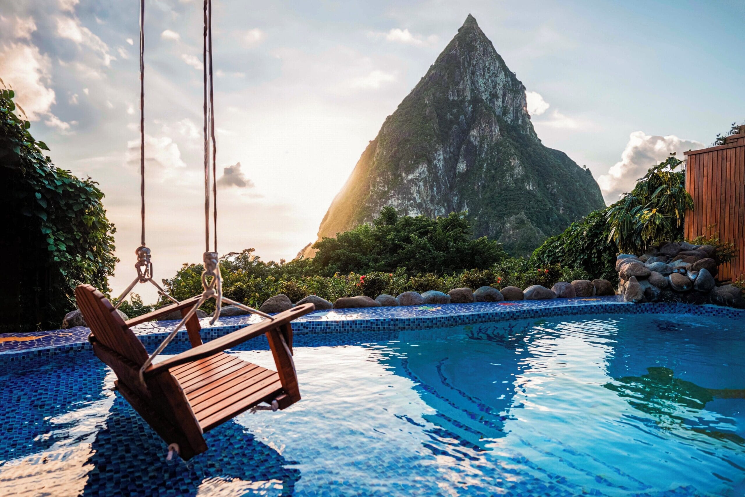 Private plunge pool in an open-wall suite looking out at the Pitons at Ladera Resort in St. Lucia