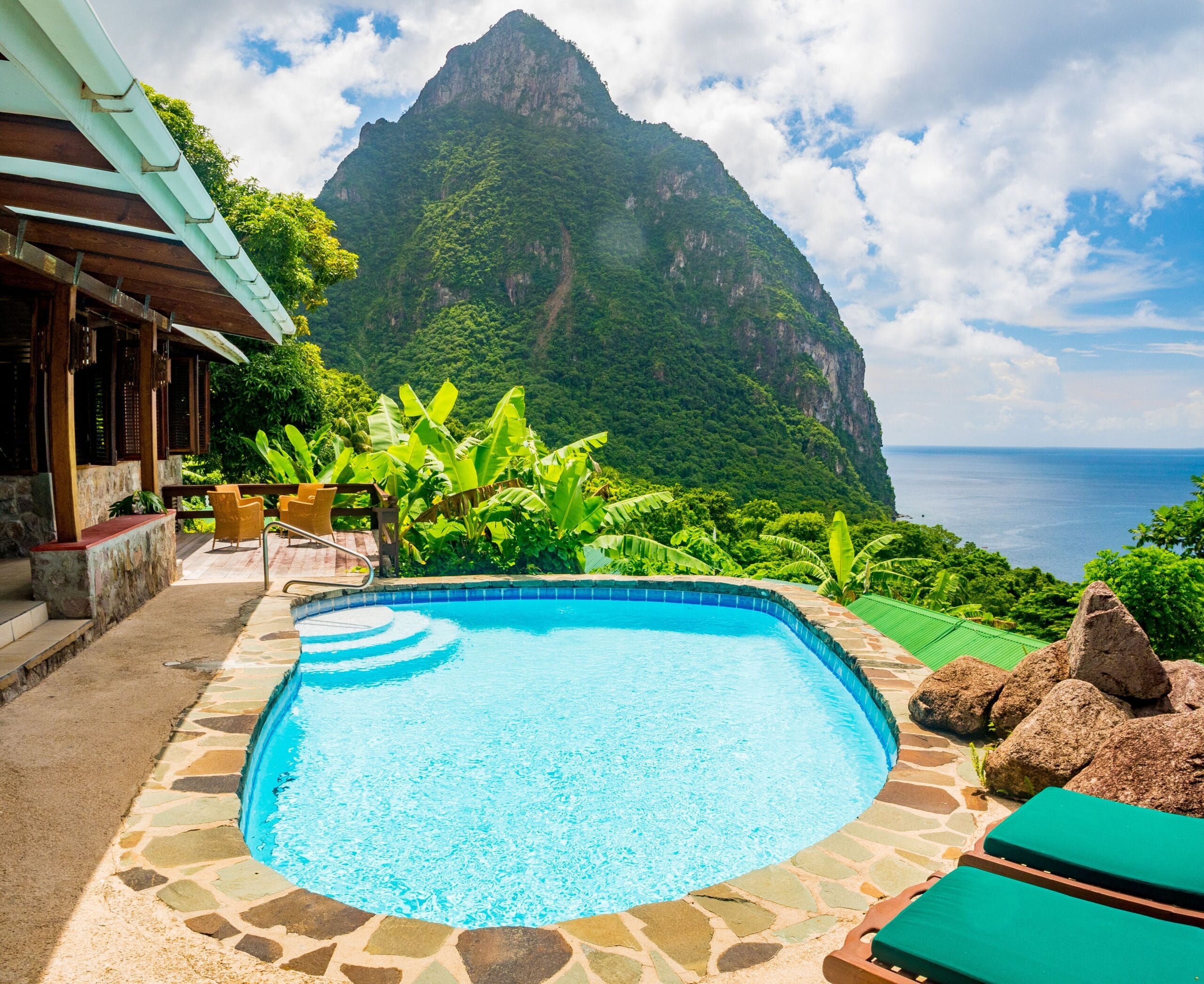 Private plunge pool outside a villa at Stonefield Villa Resort in Soufriere, St. Lucia