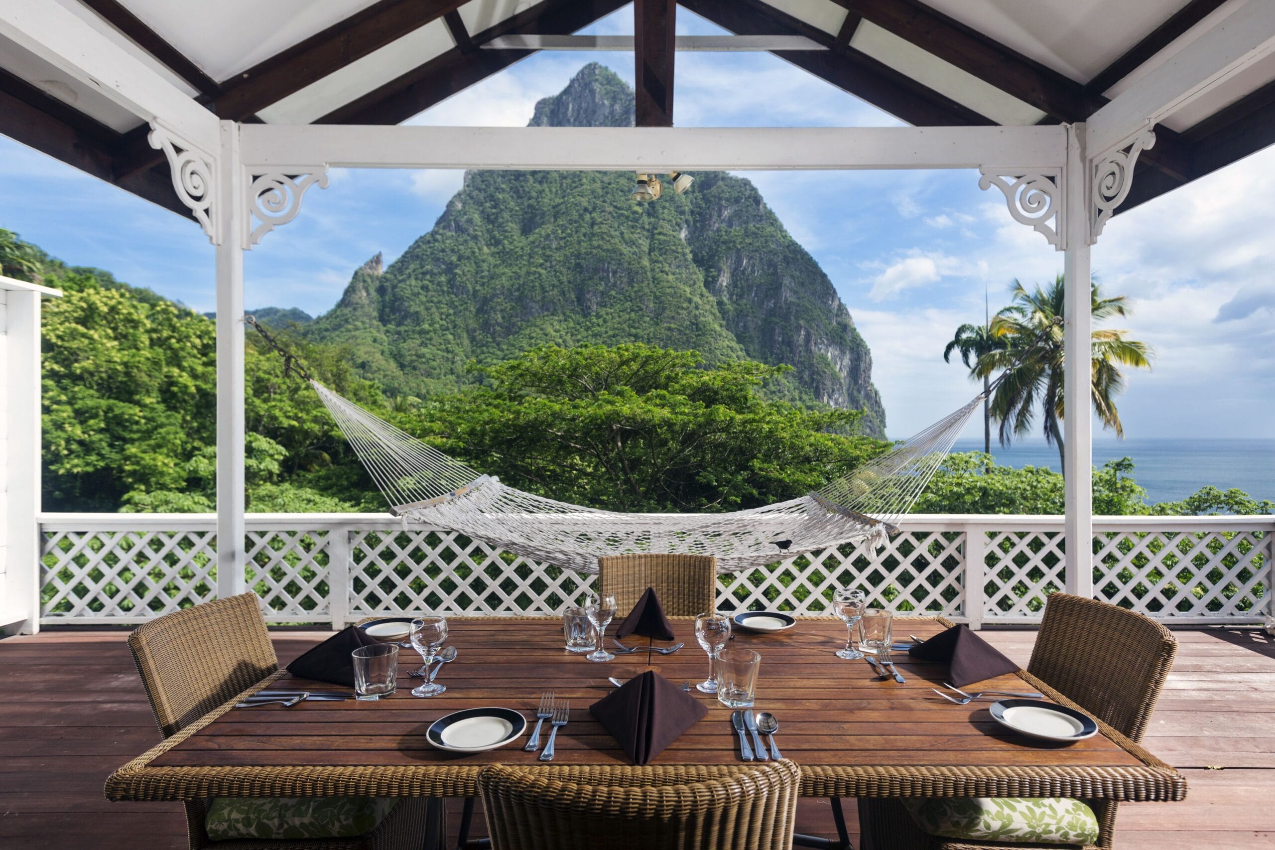 Private villa deck looking out at Petit Piton at Stonefield Villa Resort, St. Lucia