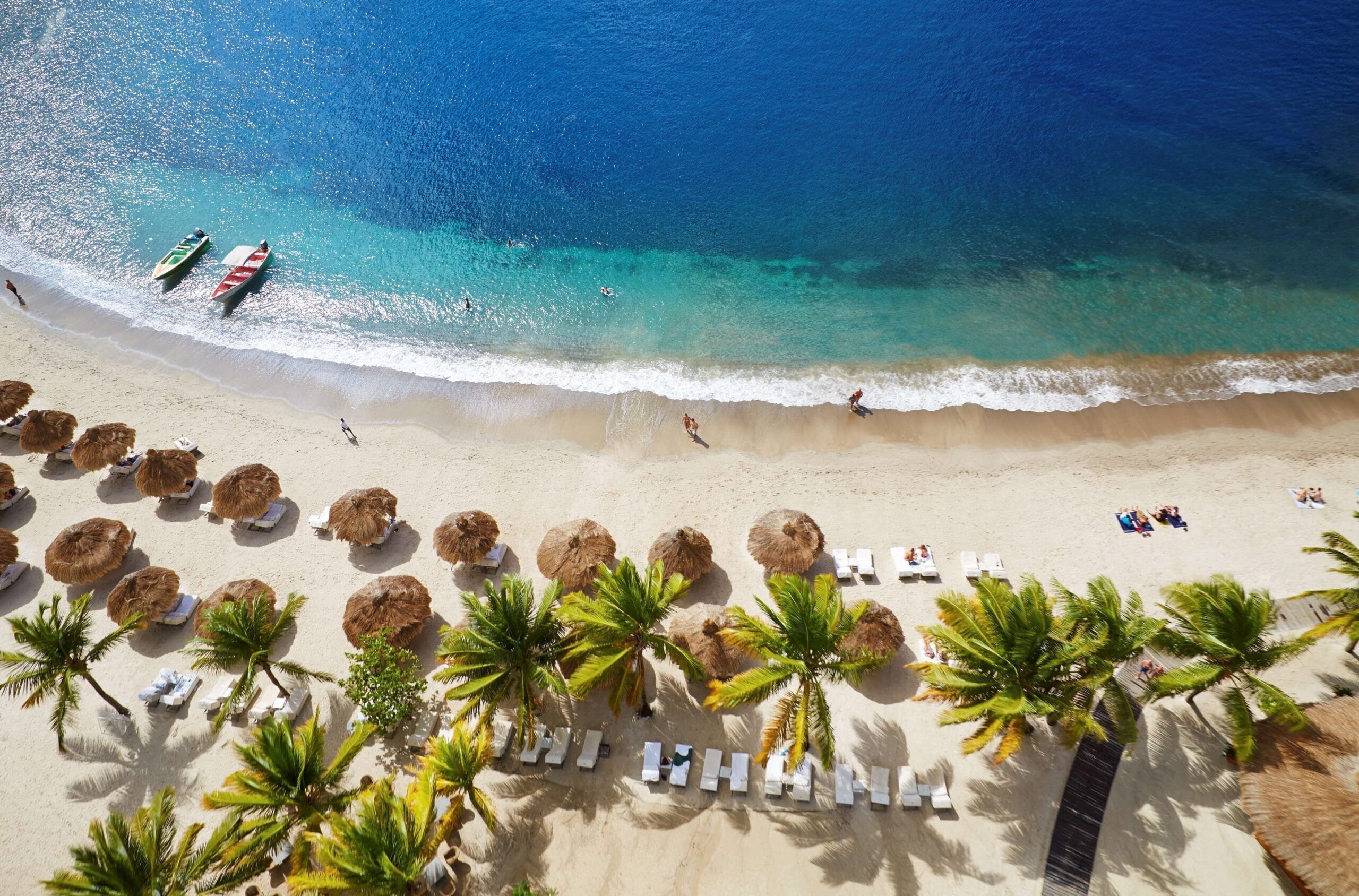 Aerial view of Sugar Beach resort and its white-sand bay between the Pitons in St. Lucia
