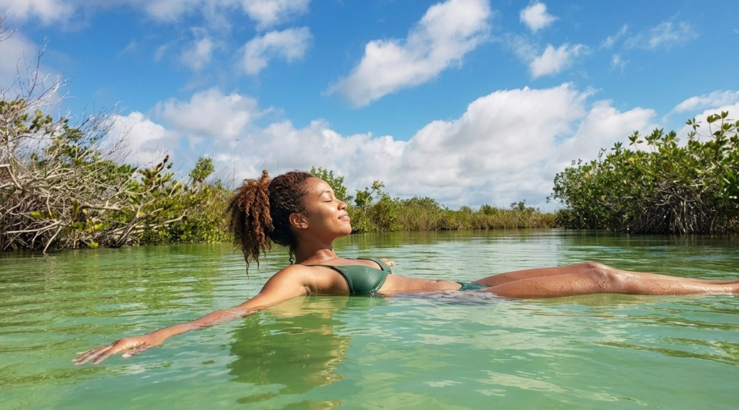 Swimming in the calm clear water of the Sian Ka'an lagoon near Tulum, Mexico