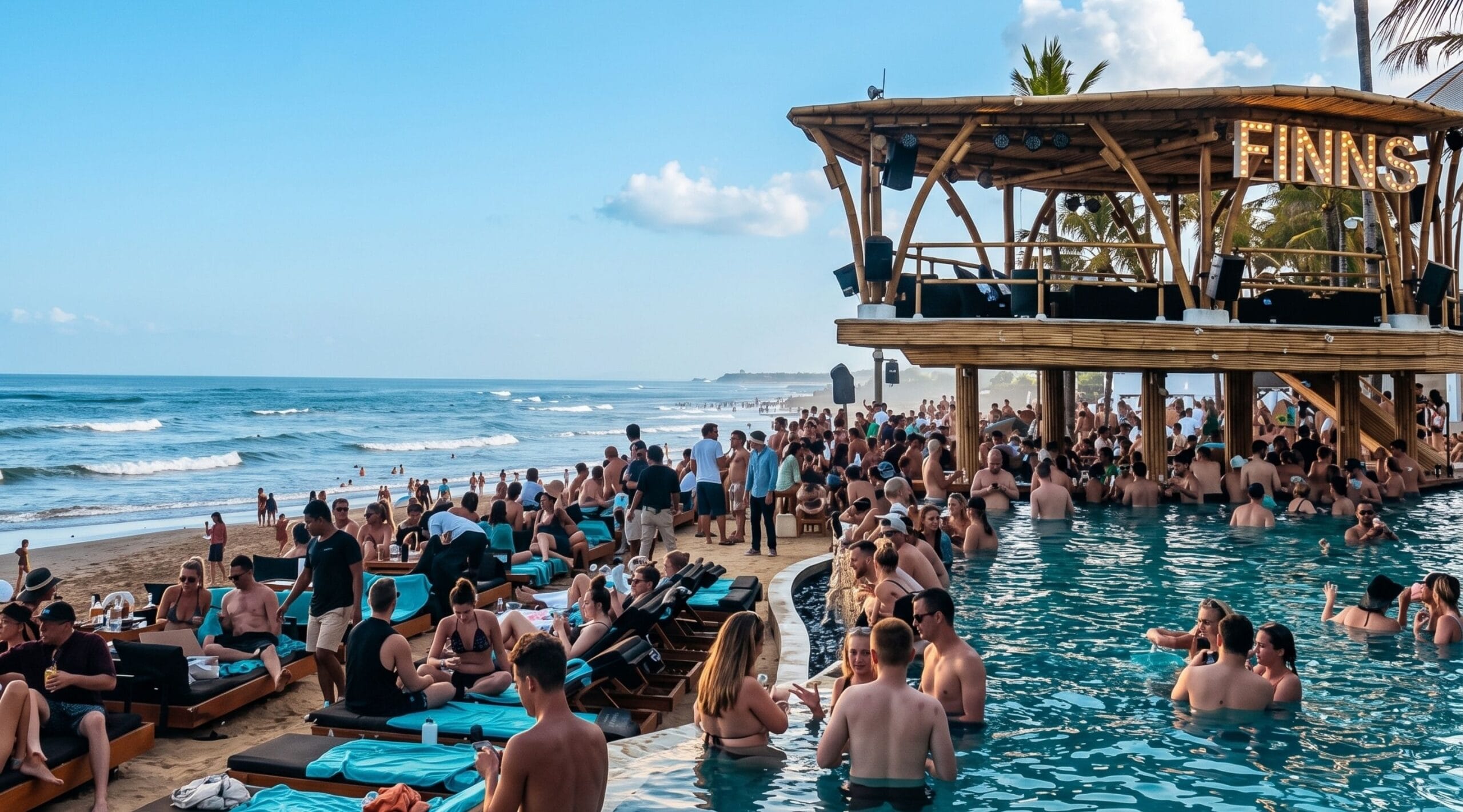 Poolside loungers and crowds at Finns Beach Club near Seminyak, Bali