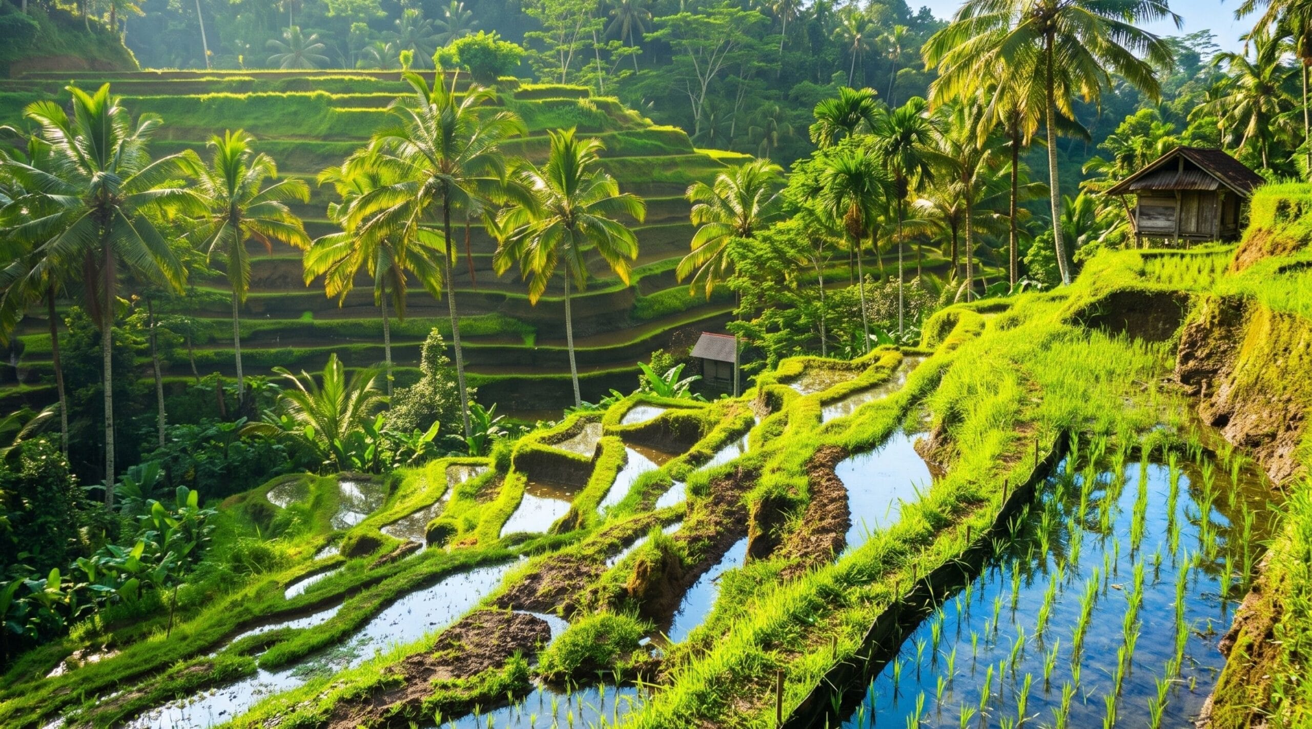 Terraced green rice fields on a hillside near Ubud, Bali