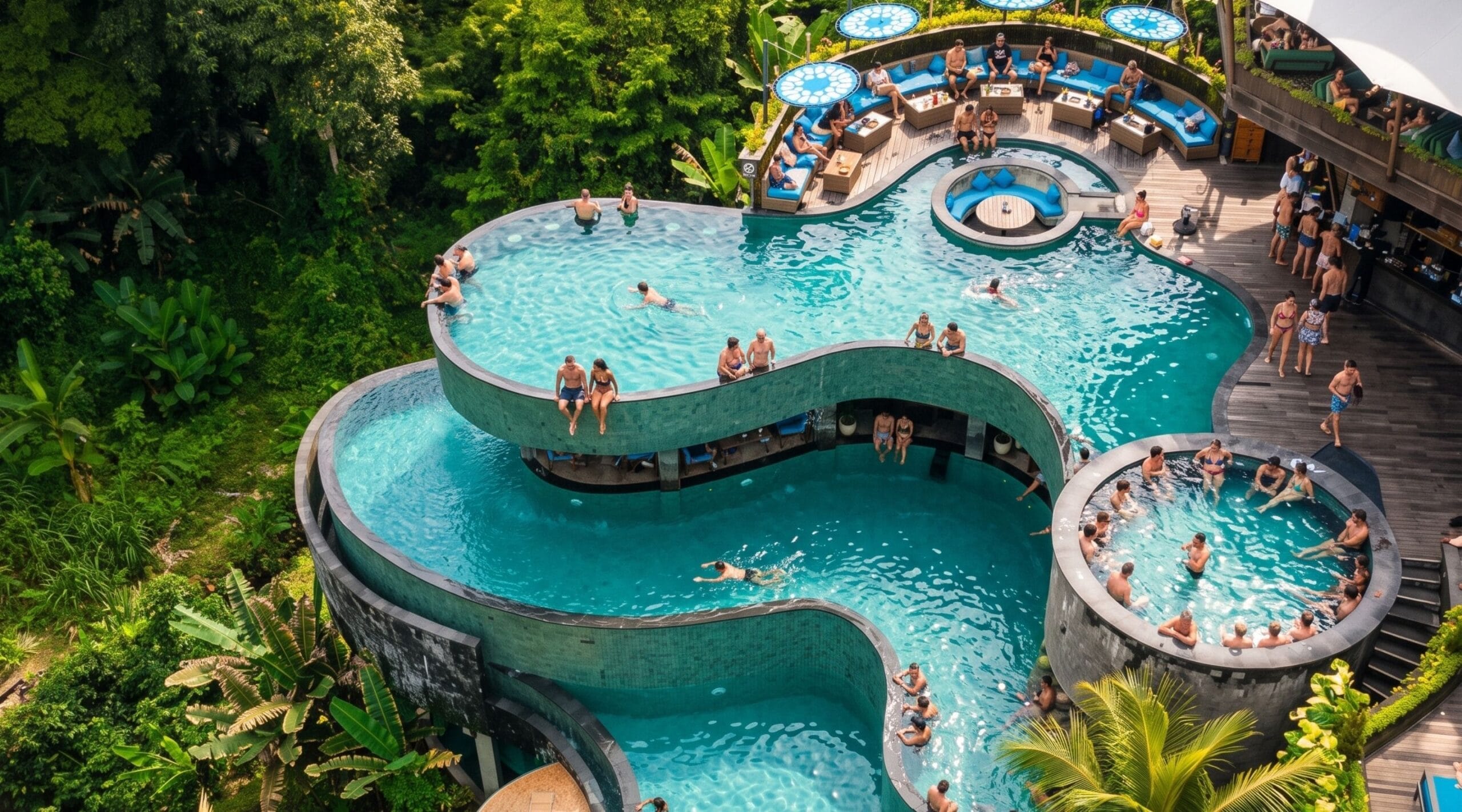 Pool overlooking the jungle valley at Cretya day club in Ubud, Bali