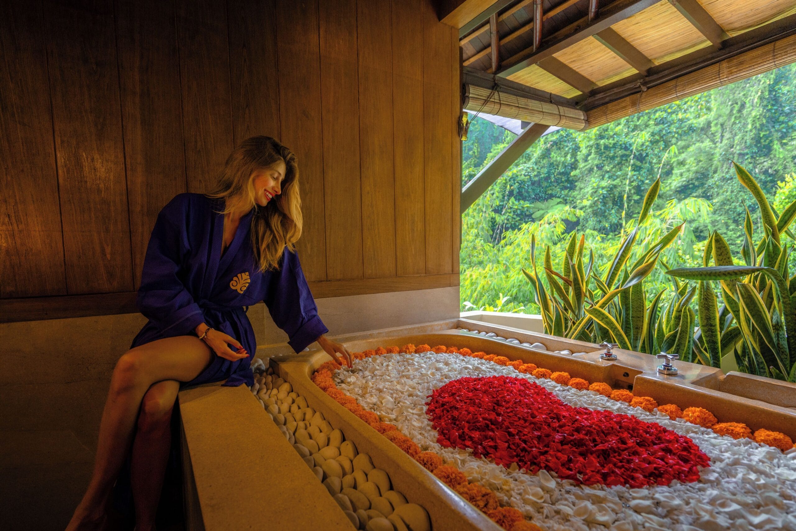 Flower bath drawn in a deep terrazzo tub at Hanging Gardens of Bali