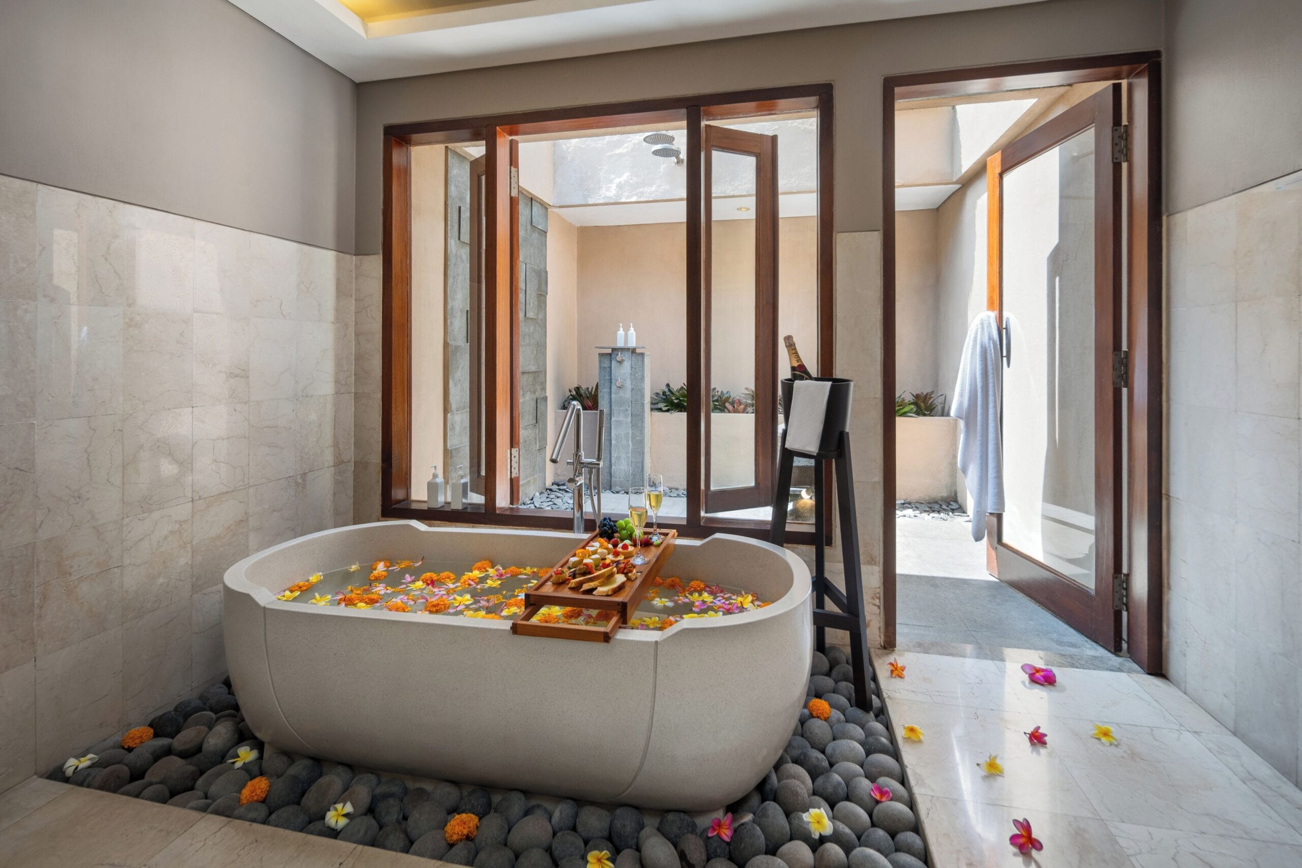 Flower bath drawn in a villa bathtub at Kamandalu Ubud, Bali