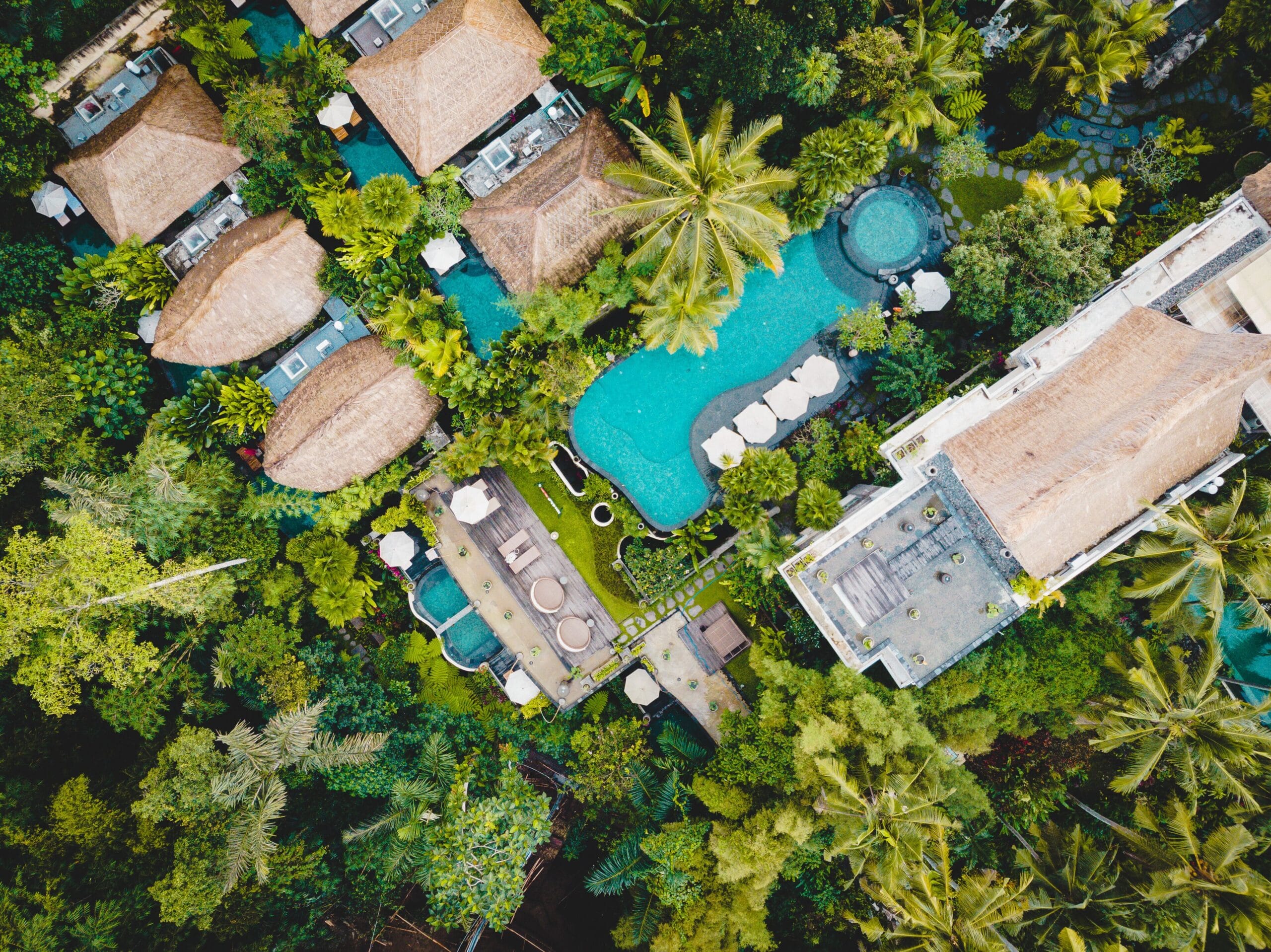 Aerial view of the villas and gardens at The Udaya Resorts and Spa, Ubud